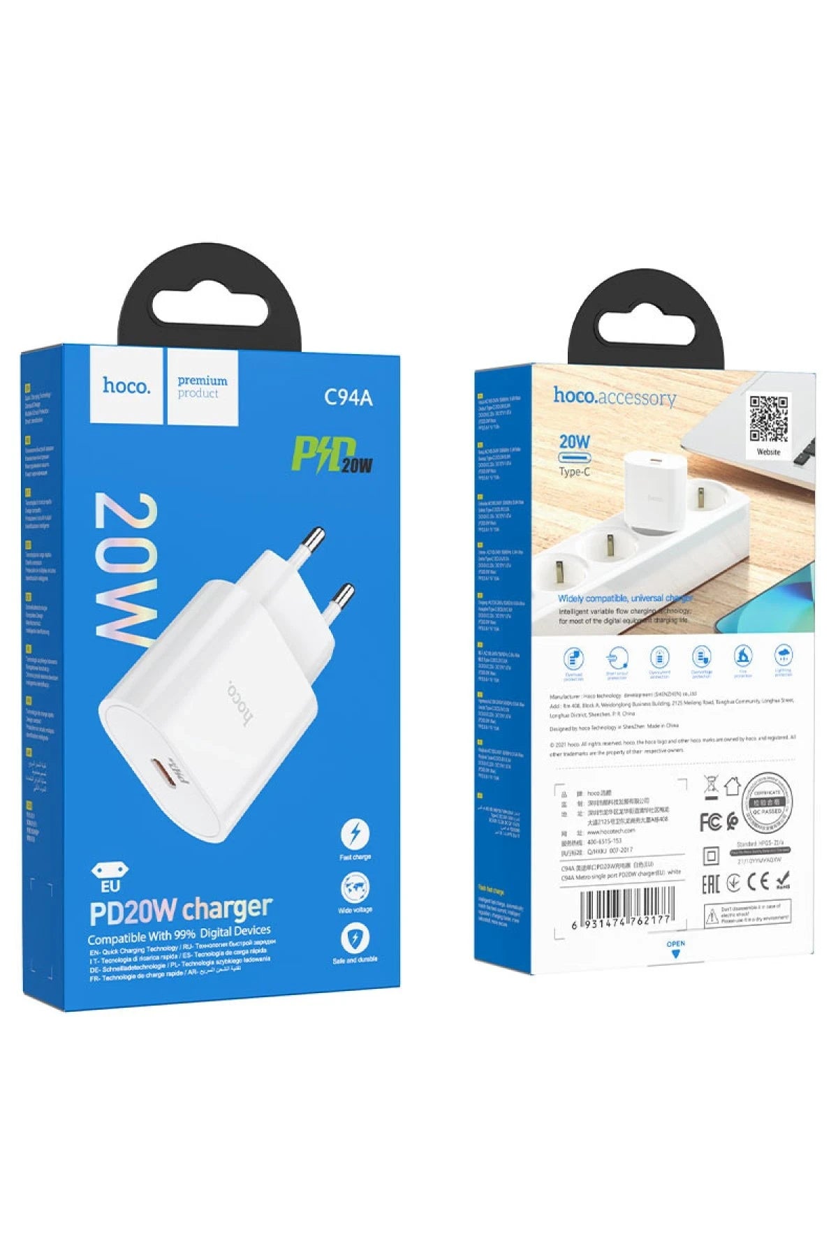 Hoco. C94A Metro 20W Type-C Çıkışlı PD Hızlı Şarj Aleti - Beyaz