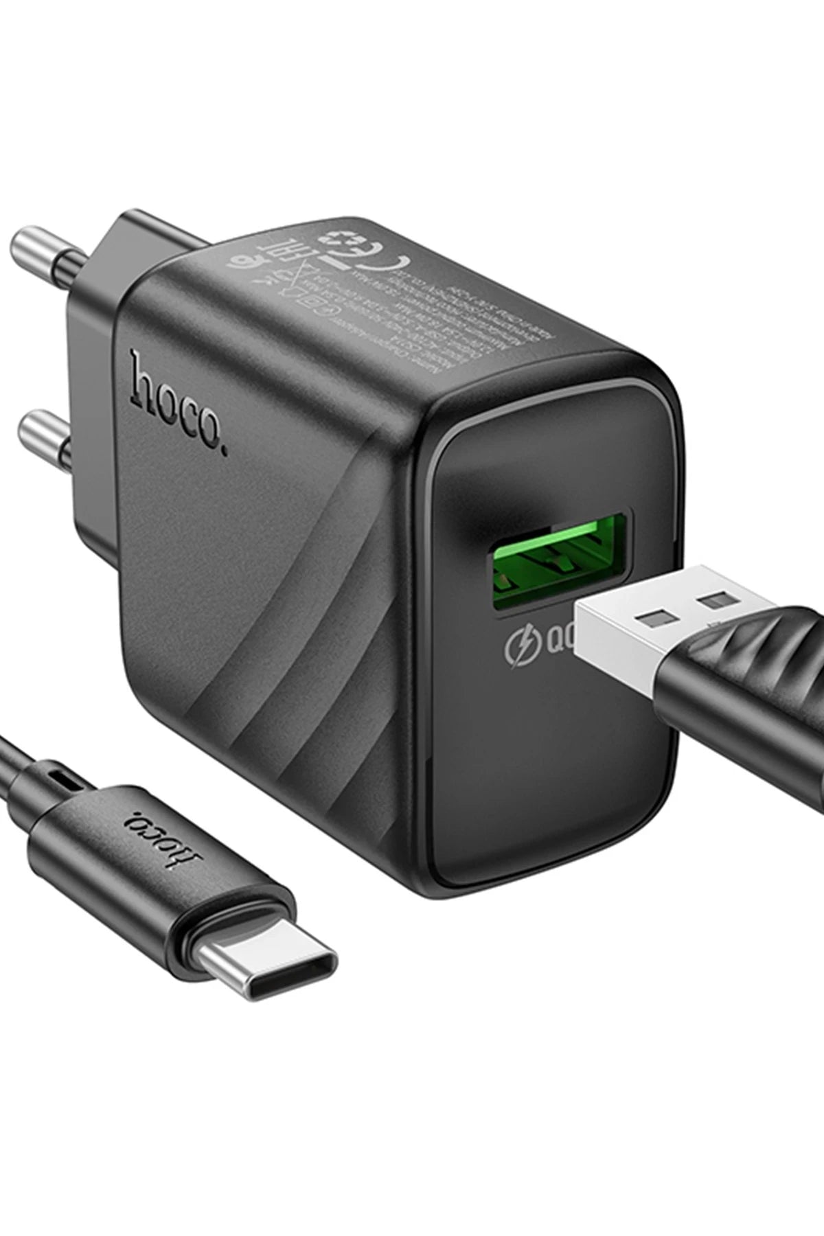 Hoco. CS21A Rich 18W USB 3.0 QC Çıkışlı Ekstra USB to Type-C Kablolu Hızlı Şarj Aleti - Siyah