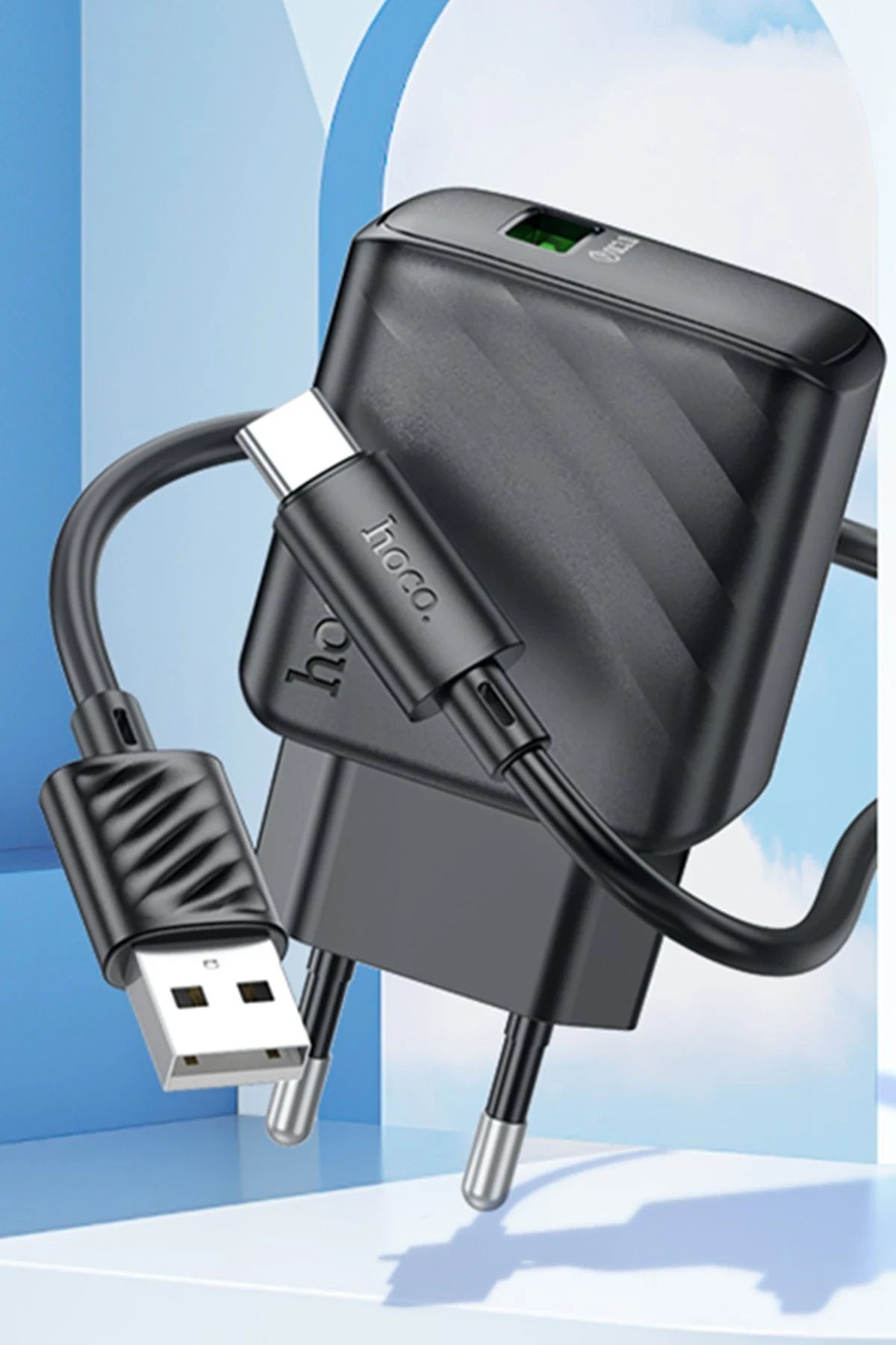Hoco. CS21A Rich 18W USB 3.0 QC Çıkışlı Ekstra USB to Type-C Kablolu Hızlı Şarj Aleti - Siyah