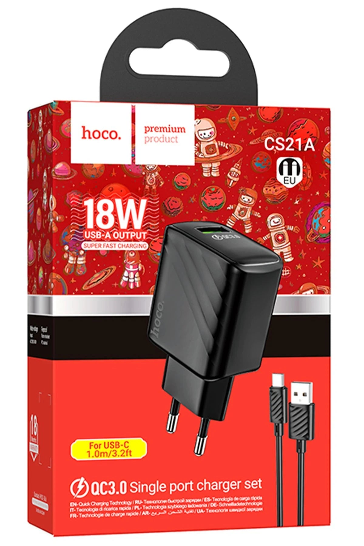 Hoco. CS21A Rich 18W USB 3.0 QC Çıkışlı Ekstra USB to Type-C Kablolu Hızlı Şarj Aleti - Siyah