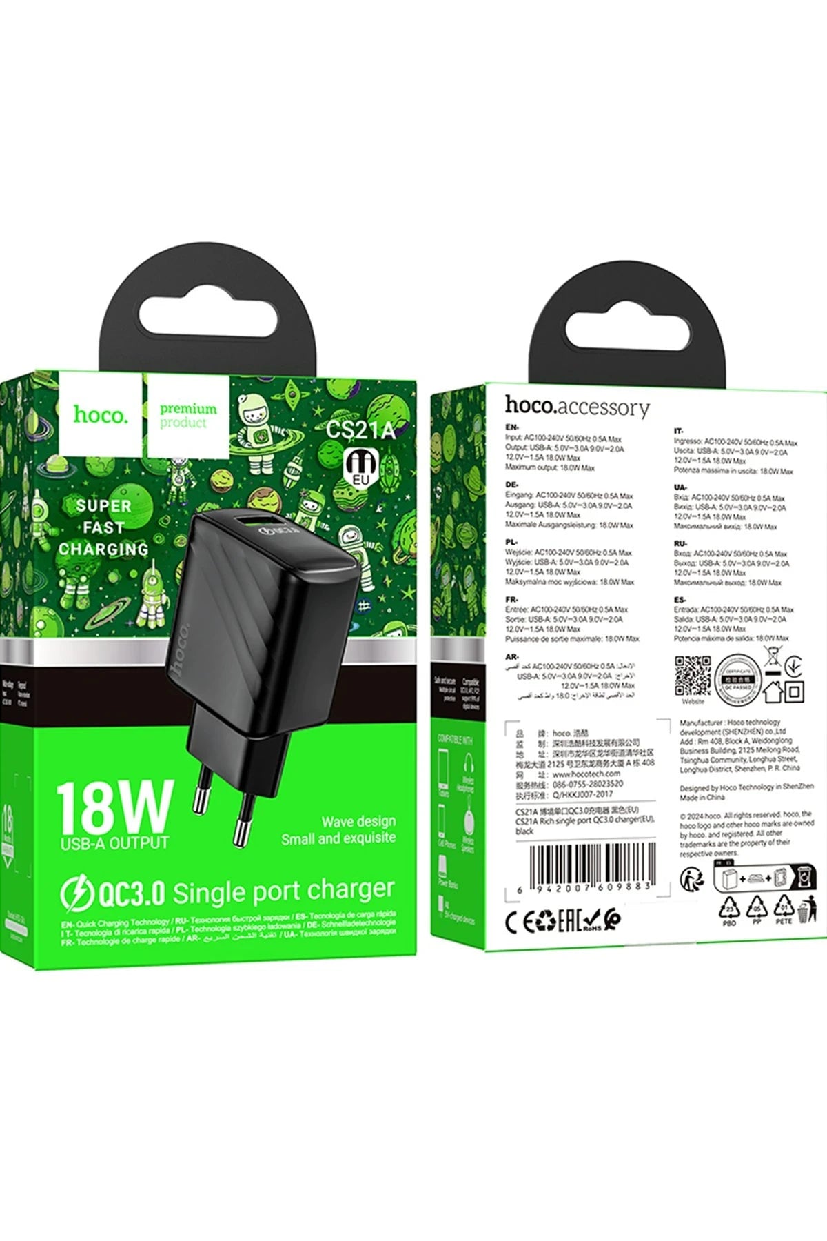 Hoco. CS21A Rich 18W USB 3.0 QC Çıkışlı Hızlı Şarj Aleti - Siyah