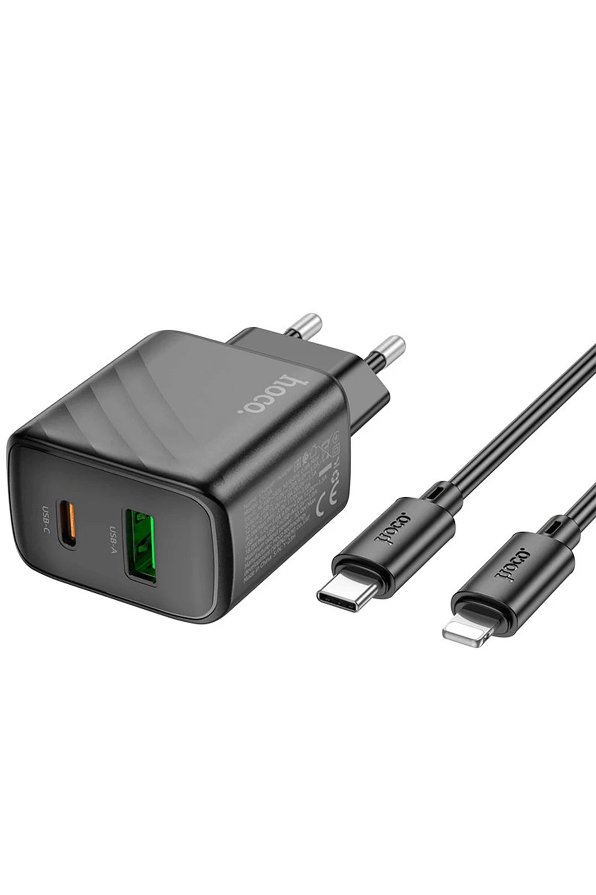 Hoco. CS23A Sunlight 30W 1 Adet Type-C ve 1 Adet USB 3.0 QC Çıkışlı Ekstra Type-C to Lightning Kablolu PD Hızlı Şarj Aleti - Siyah