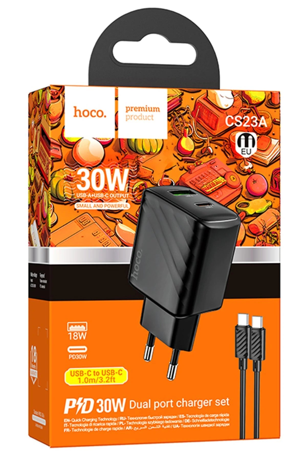 Hoco. CS23A Sunlight 30W 1 Adet Type-C ve 1 Adet USB 3.0 QC Çıkışlı Ekstra Type-C to Type-C Kablolu PD Hızlı Şarj Aleti - Siyah