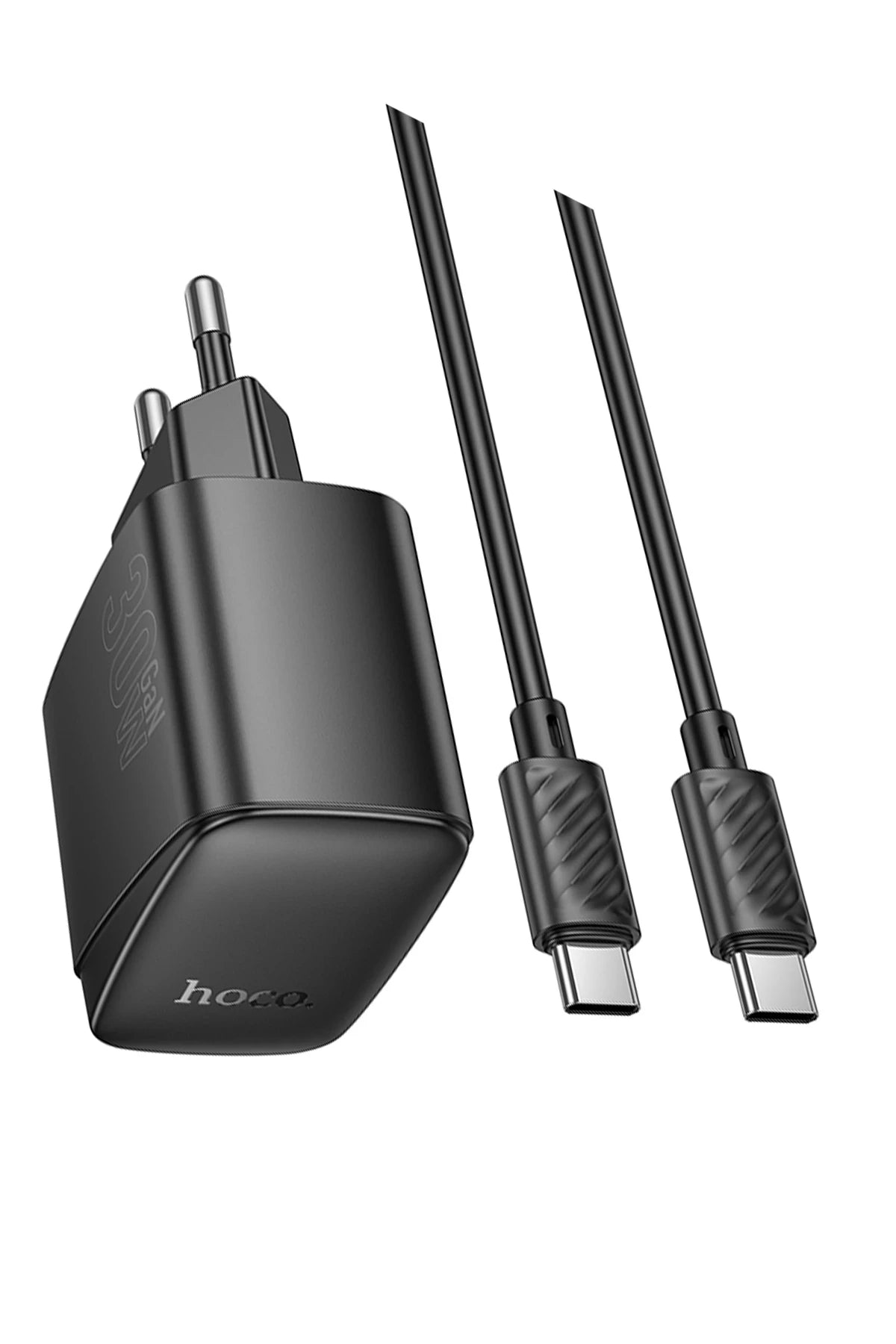 Hoco. CS61A Bright 30W 1 Adet Type-C ve 1 Adet USB 3.0 QC Çıkışlı Ekstra Type-C to Type-C Kablolu PD Hızlı Şarj Aleti - Siyah