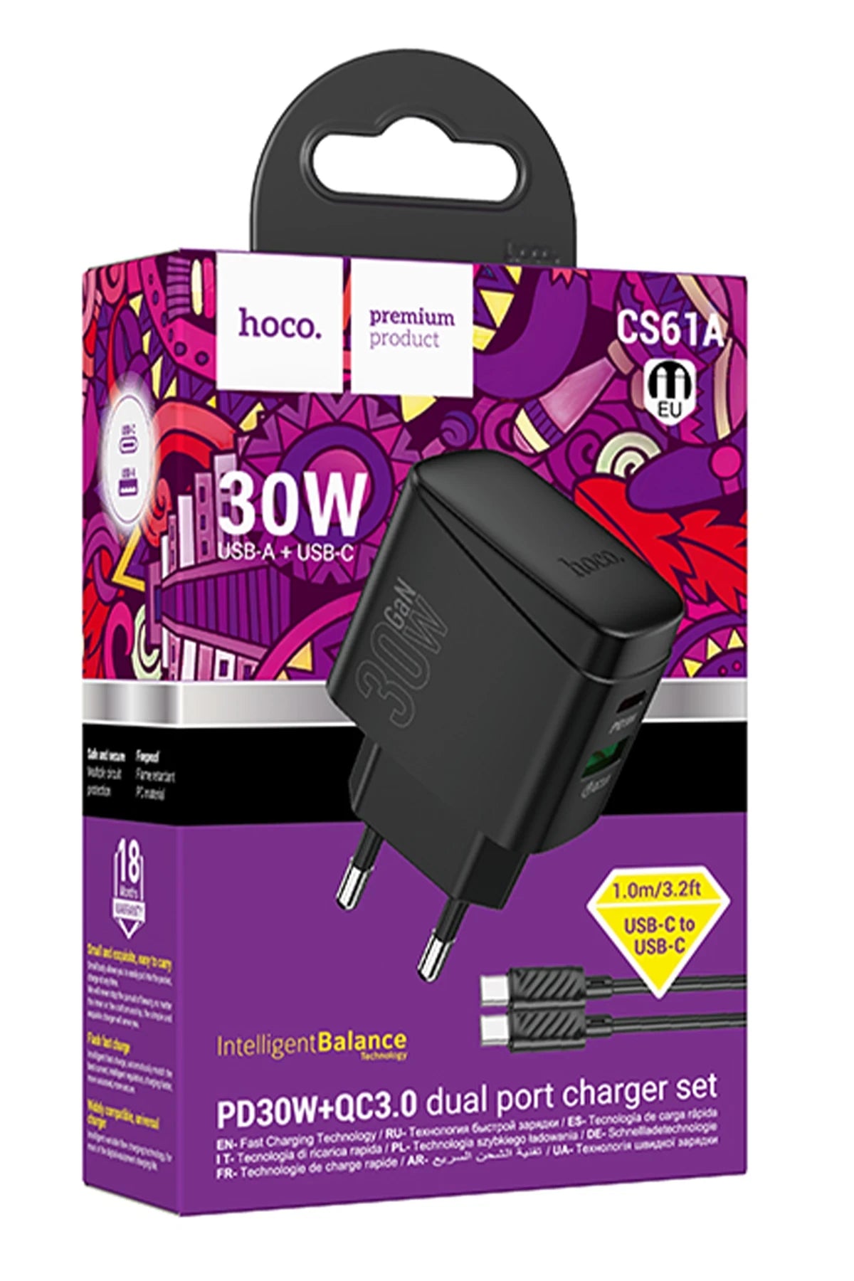 Hoco. CS61A Bright 30W 1 Adet Type-C ve 1 Adet USB 3.0 QC Çıkışlı Ekstra Type-C to Type-C Kablolu PD Hızlı Şarj Aleti - Siyah