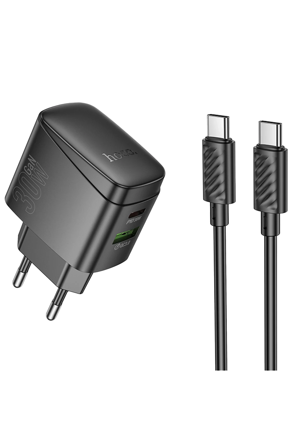 Hoco. CS61A Bright 30W 1 Adet Type-C ve 1 Adet USB 3.0 QC Çıkışlı Ekstra Type-C to Type-C Kablolu PD Hızlı Şarj Aleti - Siyah