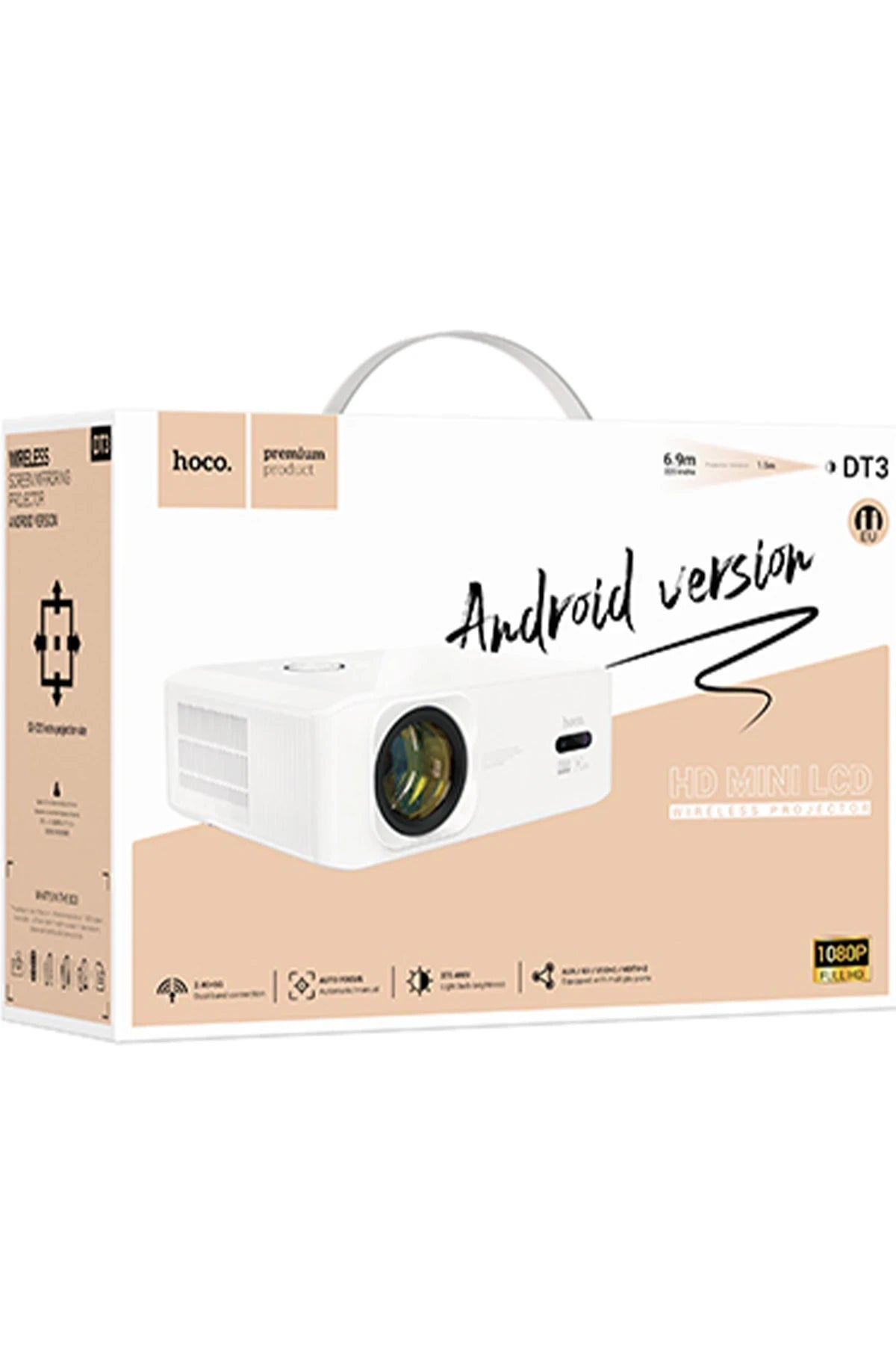 Hoco. DT3 Smart Elektrik Otomatik Odaklanma Özellikli 1080P Android Kablosuz Projeksiyon Cihazı - Beyaz