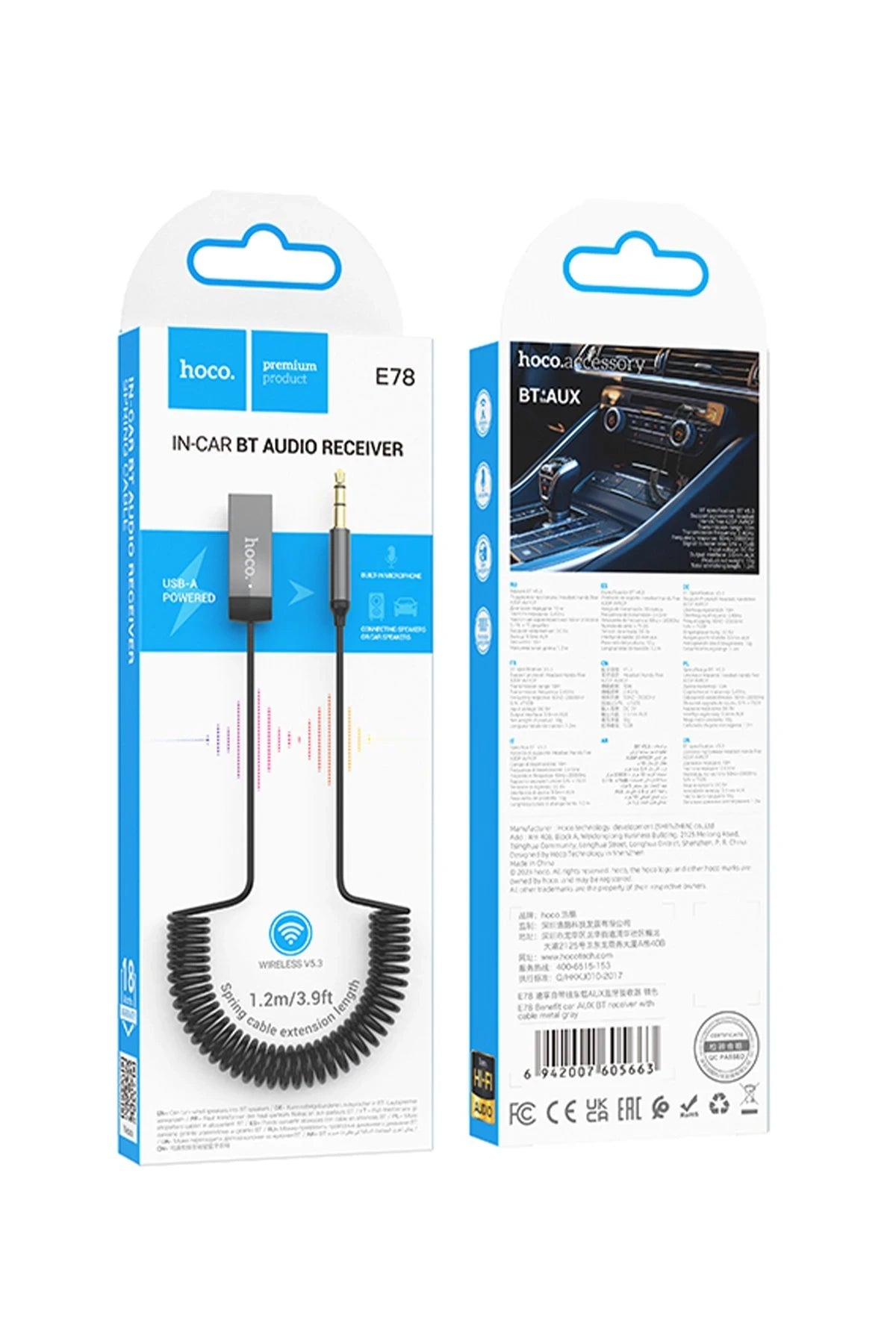 Hoco. E78 Tak Çalıştır BT Alıcılı 3.5mm Esnek Aux Kablo - Gri