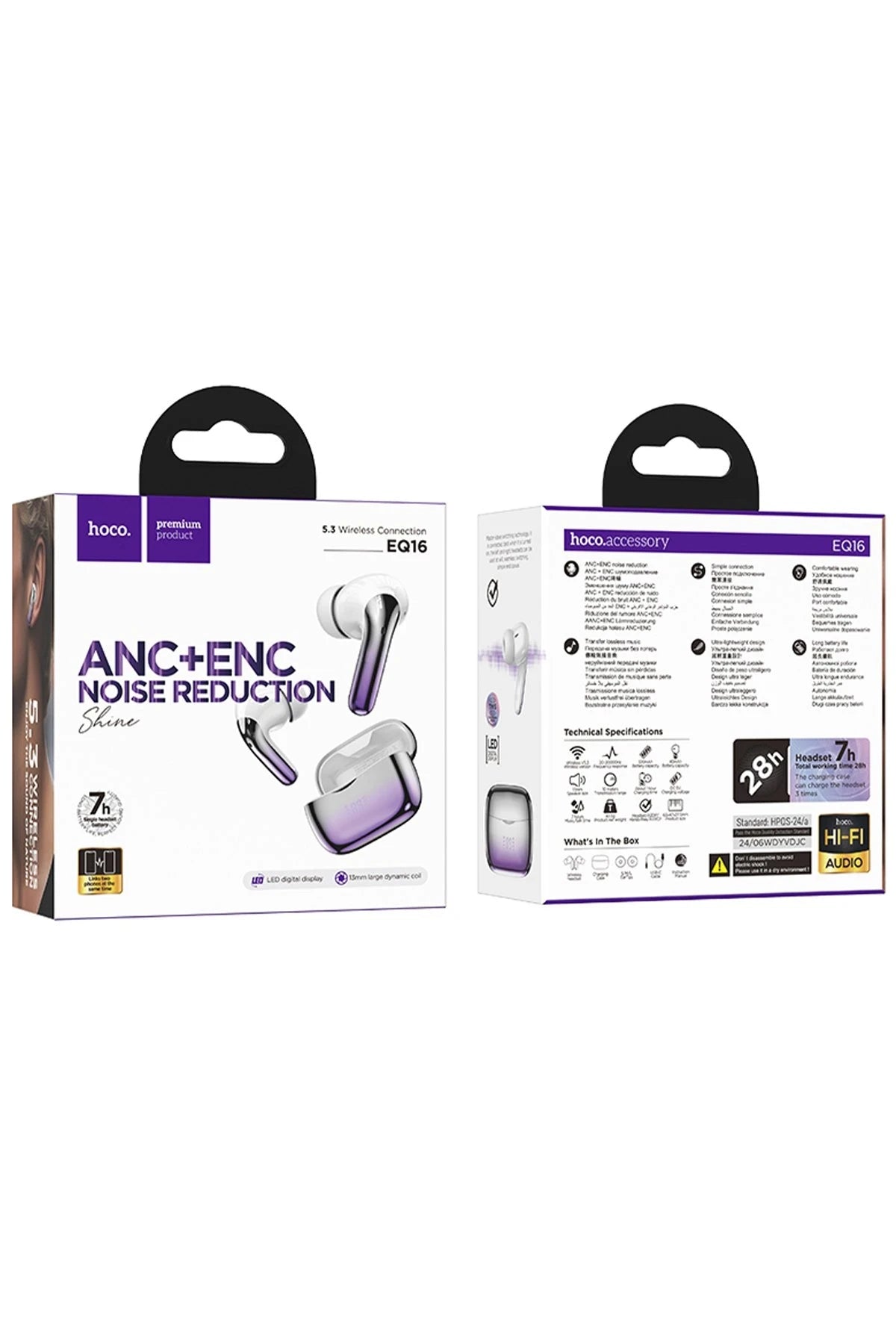 Hoco. EQ16 Aktif Gürültü Engelleyici Özellikli Bluetooth 5.3 Kablosuz TWS Airpods Kulaklık - Mor