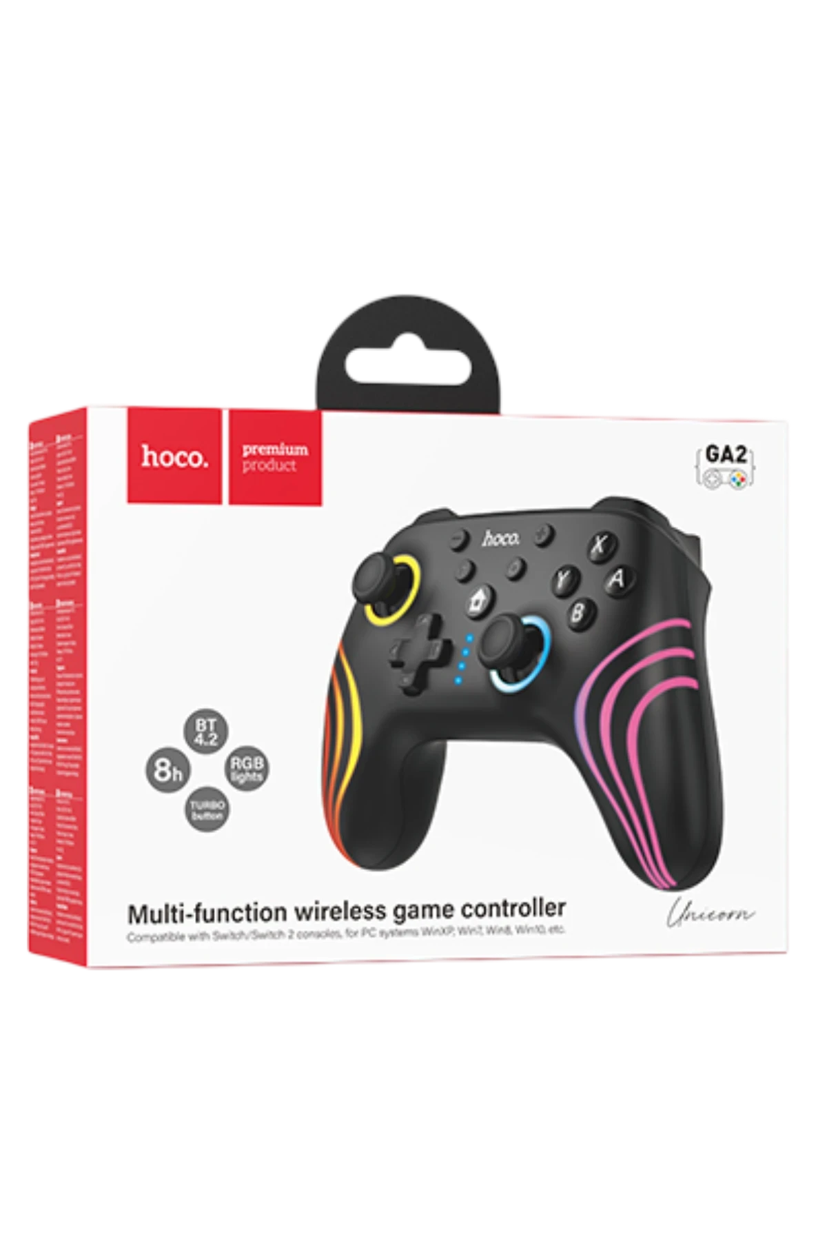Hoco. GA2 Unicorn RGB Işıklı Çok Fonksiyonlu PC Uyumlu Kablosuz Oyun Kolu - Siyah