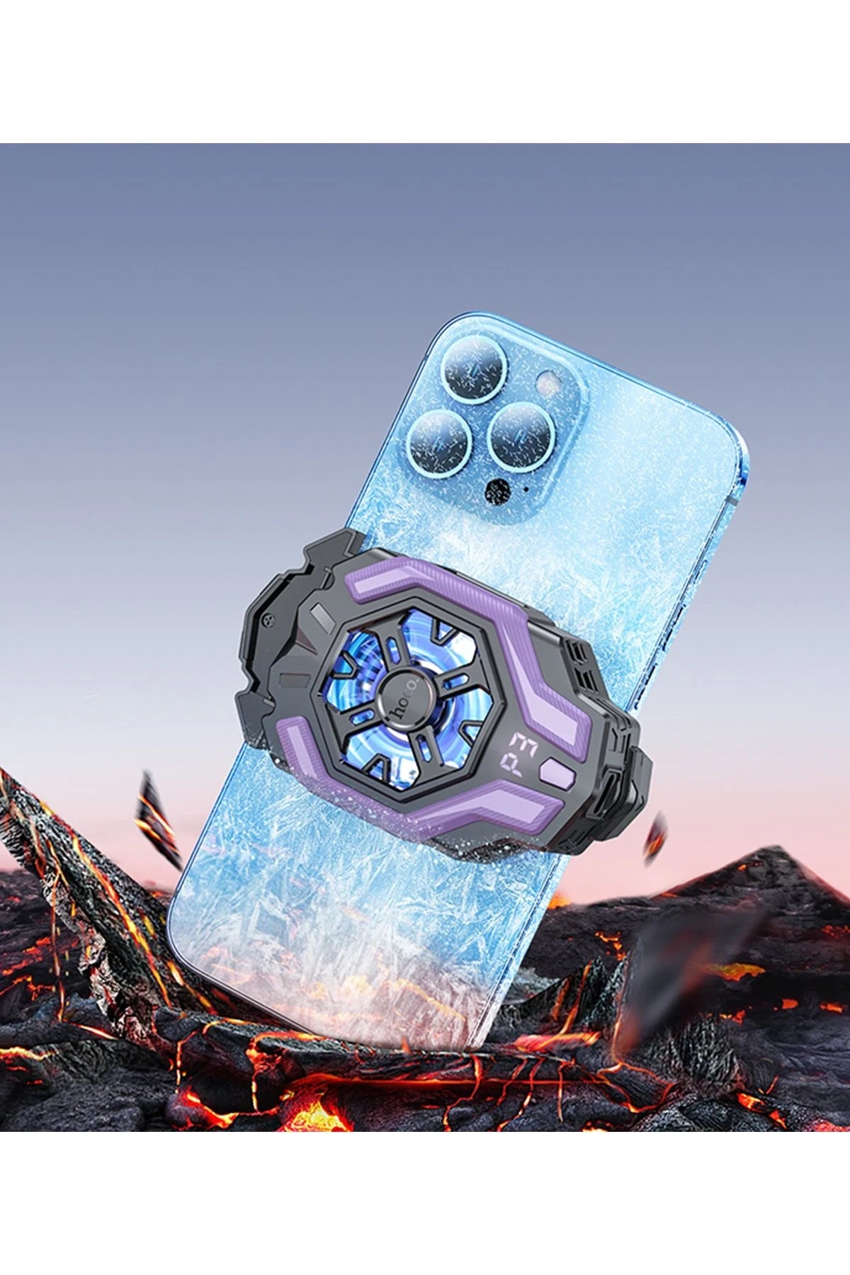 Hoco. GM26 Dijital Sıcaklık Göstergeli Radyatör Telefon Soğutucu Fan - Siyah-Mor