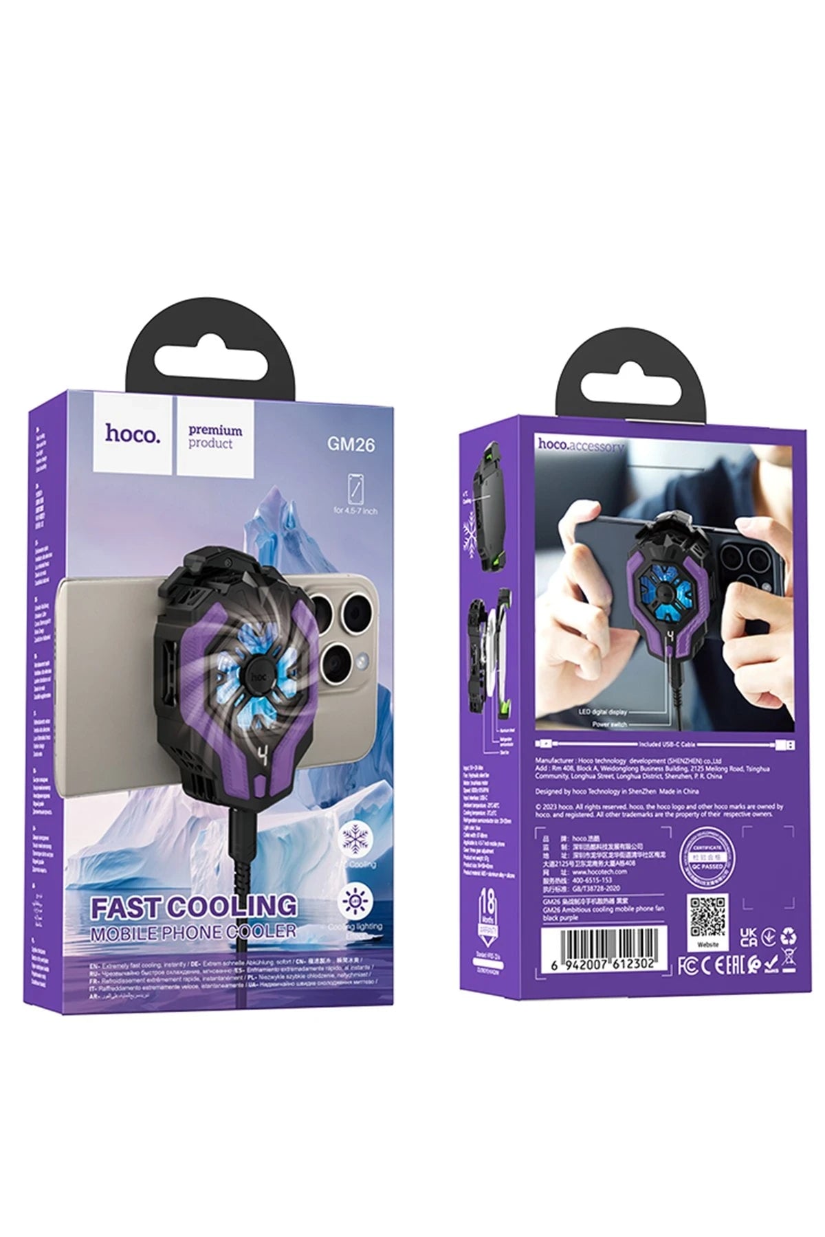 Hoco. GM26 Dijital Sıcaklık Göstergeli Radyatör Telefon Soğutucu Fan - Siyah-Mor