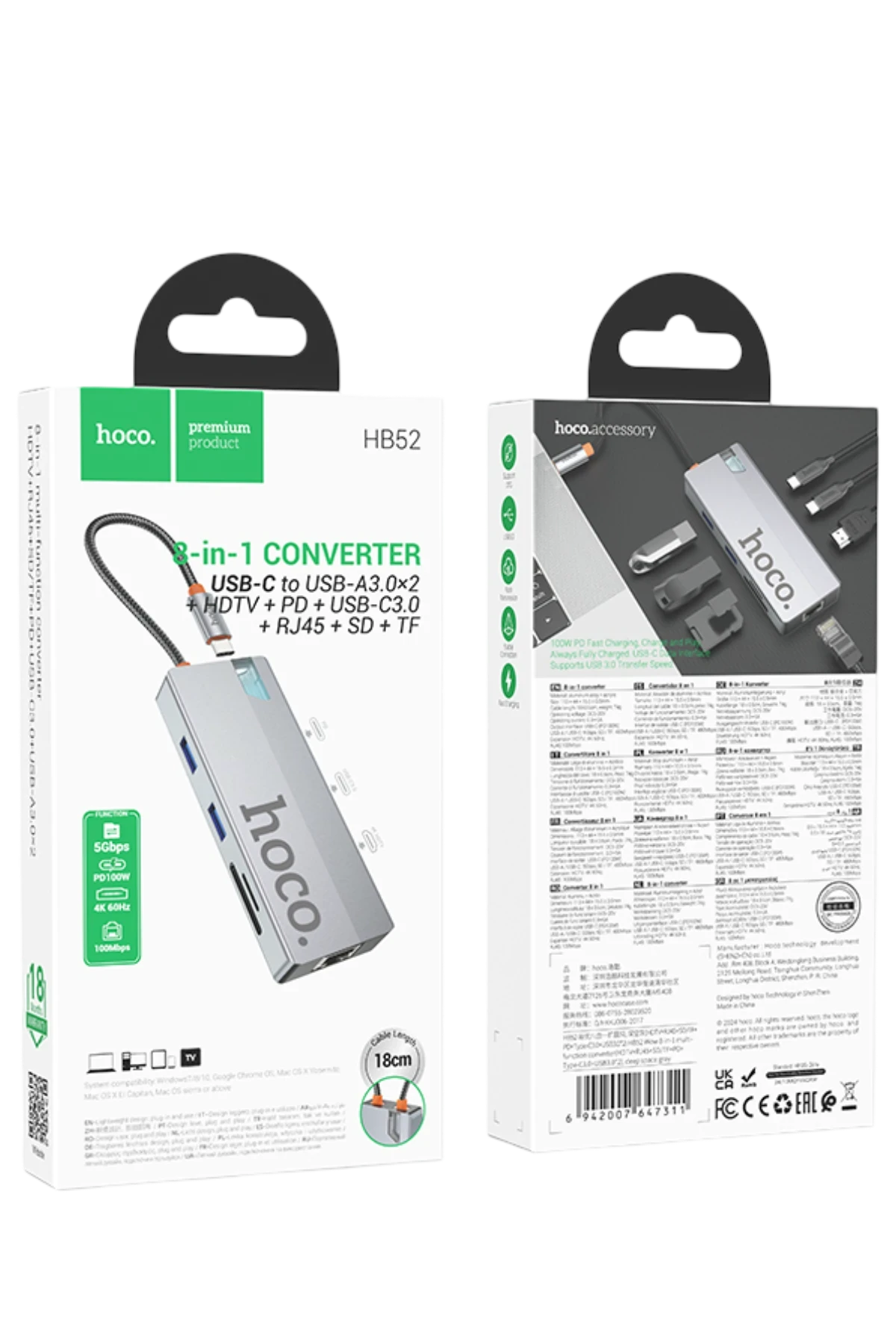 Hoco. HB52 Wow 8in1 100W PD 100 Mbps Ethernet 4K Hub Dönüştürücü - Gri