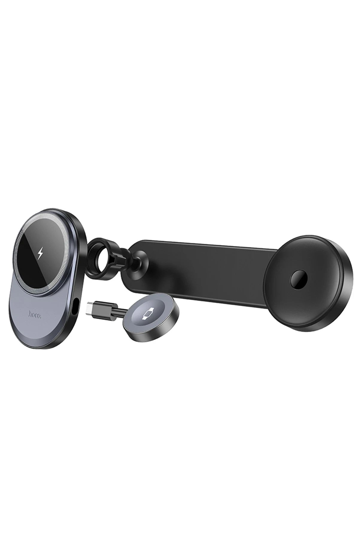 Hoco. HW28 Excelso Yapışkanlı 15W Kablosuz Şarj ve 2.5W Kablosuz Saat Şarj Destekli Magsafe Araç Tutucu - Siyah
