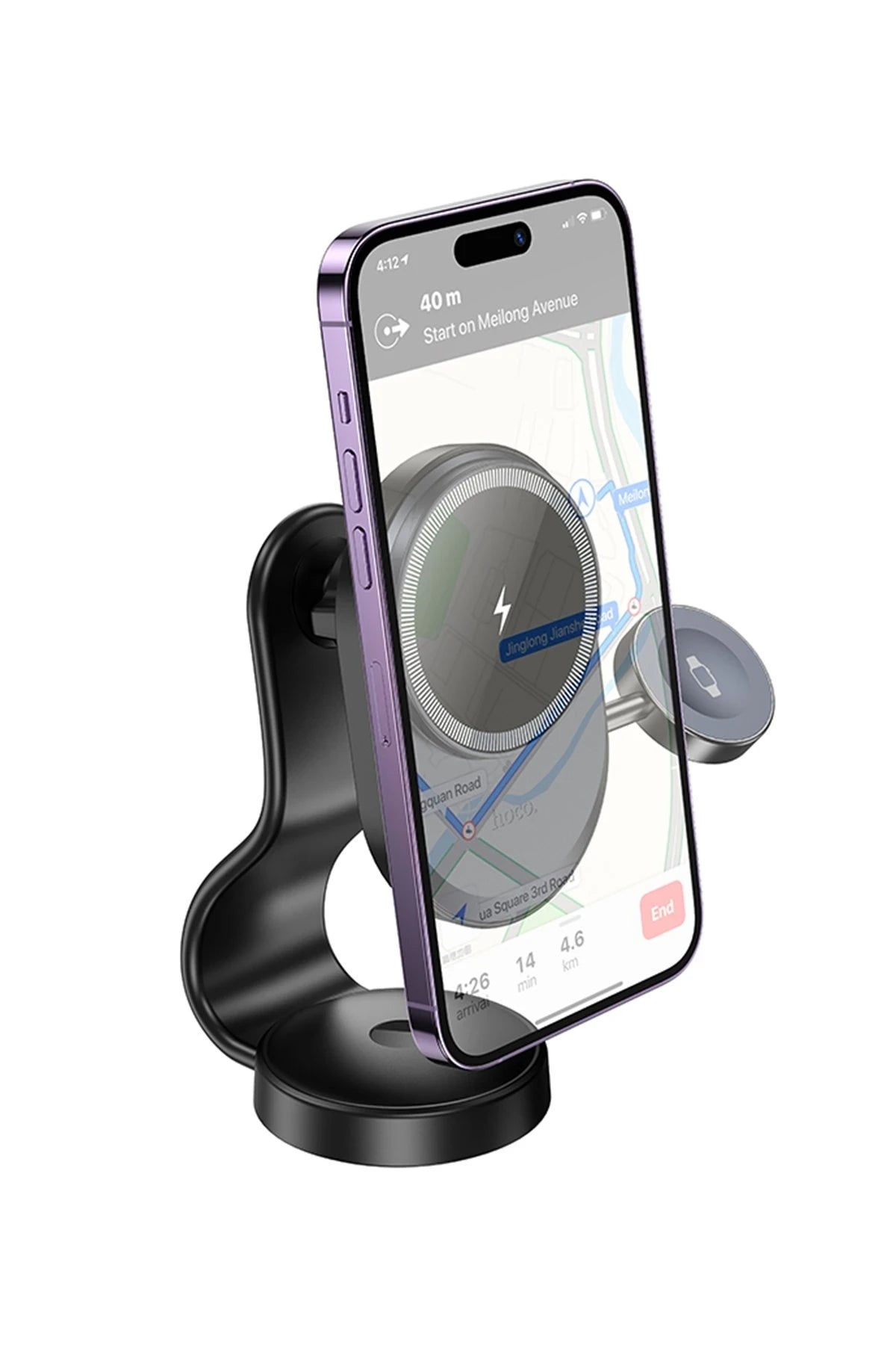 Hoco. HW28 Excelso Yapışkanlı 15W Kablosuz Şarj ve 2.5W Kablosuz Saat Şarj Destekli Magsafe Araç Tutucu - Siyah