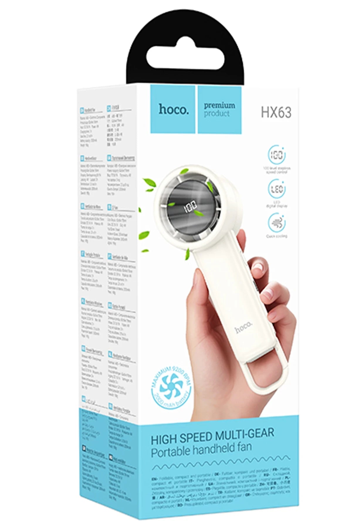 Hoco. HX63 Fashion Dijital Göstergeli Yüksek Hızlı El Tipi ve Masaüstü Soğutucu Fan - Beyaz