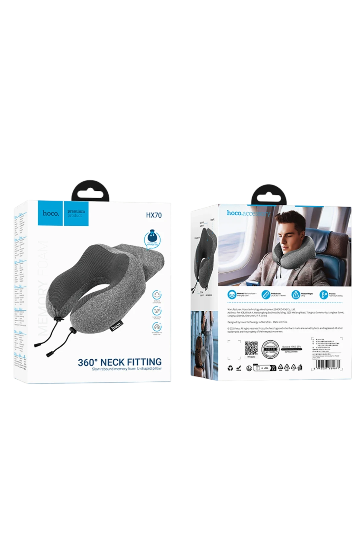 Hoco. HX70 360 Derece Hafızalı Seyahat Boyun Yastığı - Gri
