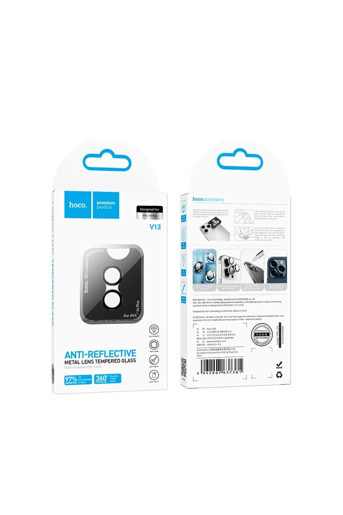 Hoco. iPhone 16 3D Metal Frame Kamera Lens - Siyah