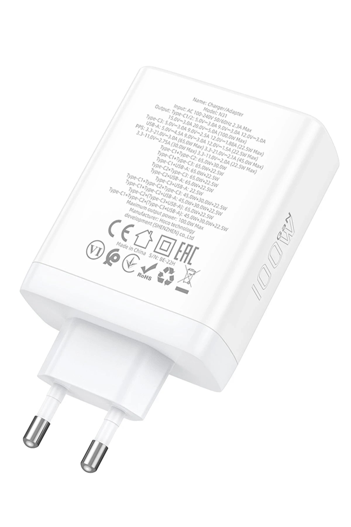 Hoco. N31 Leader PD 100W 3 Adet Type-C 1 Adet USB Şarj Aleti - Beyaz