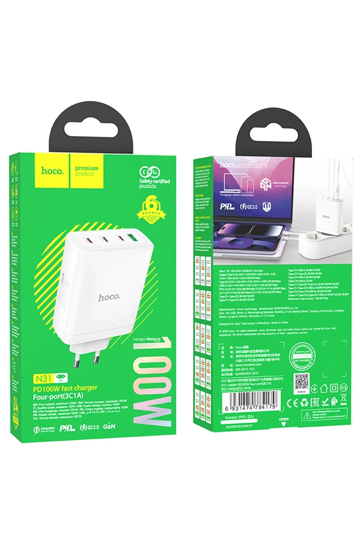Hoco. N31 Leader PD 100W 3 Adet Type-C 1 Adet USB Şarj Aleti - Beyaz