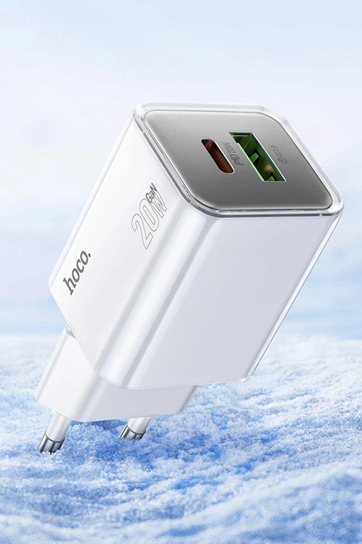 Hoco. N46 Glorious 1 Adet Type-C ve 1 Adet USB Çıkışlı Ekstra Type-C to Type-C Kablolu 20W PD Hızlı Şarj Aleti - Mavi