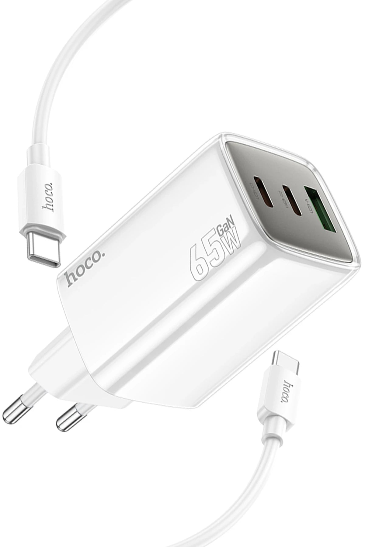 Hoco. N49 Glorious 2 Adet Type-C ve 1 Adet USB Çıkışlı Ekstra Type-C to Type-C Kablolu 65W PD Hızlı Şarj Aleti - Beyaz