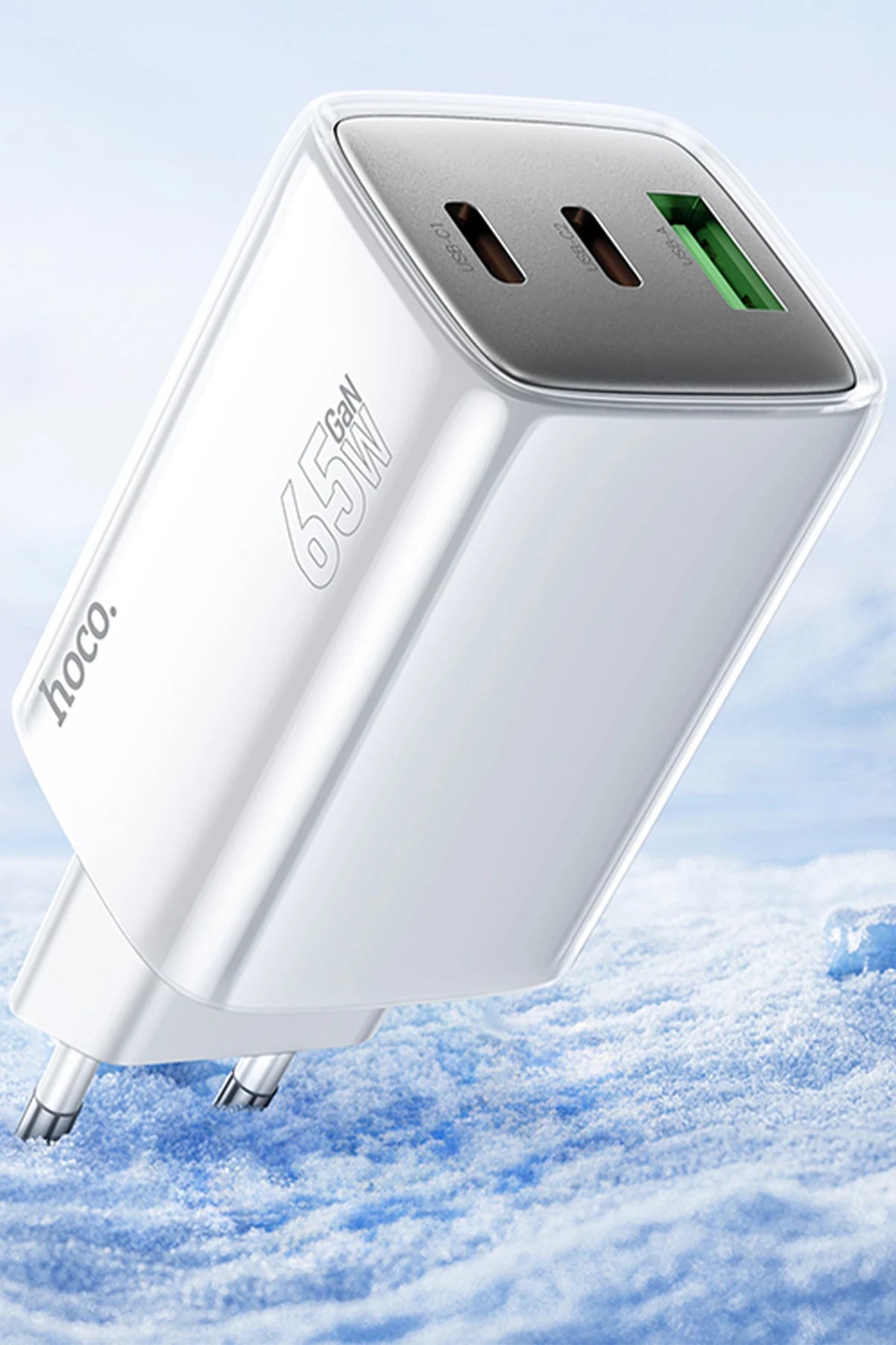 Hoco. N49 Glorious 2 Adet Type-C ve 1 Adet USB Çıkışlı Ekstra Type-C to Type-C Kablolu 65W PD Hızlı Şarj Aleti - Beyaz