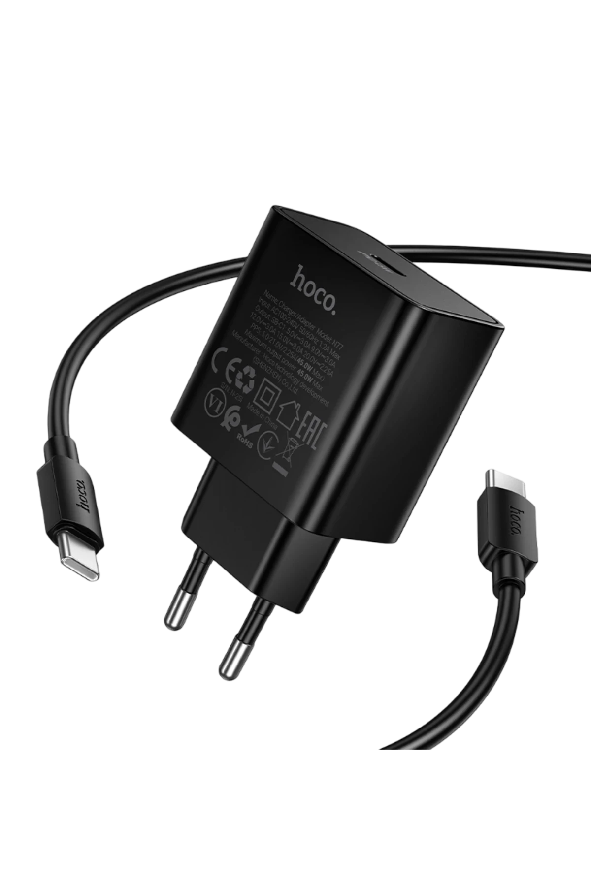 Hoco. N77 Star 45W Type-C Çıkışlı Ekstra Type-C to Type-C Kablolu PD Hızlı Şarj Aleti - Siyah