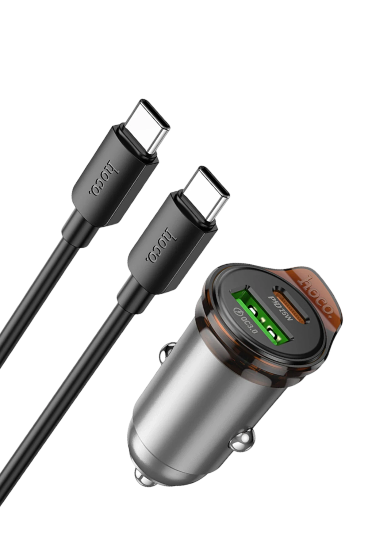 Hoco. NZ16A Rigorous 43W Type-C ve USB-A Çıkışlı Ekstra Type-C to Type-C Kablolu PD Hızlı Şarj Araç Cihazı - Gri