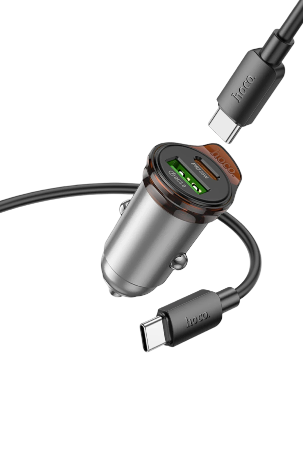 Hoco. NZ16A Rigorous 43W Type-C ve USB-A Çıkışlı Ekstra Type-C to Type-C Kablolu PD Hızlı Şarj Araç Cihazı - Gri