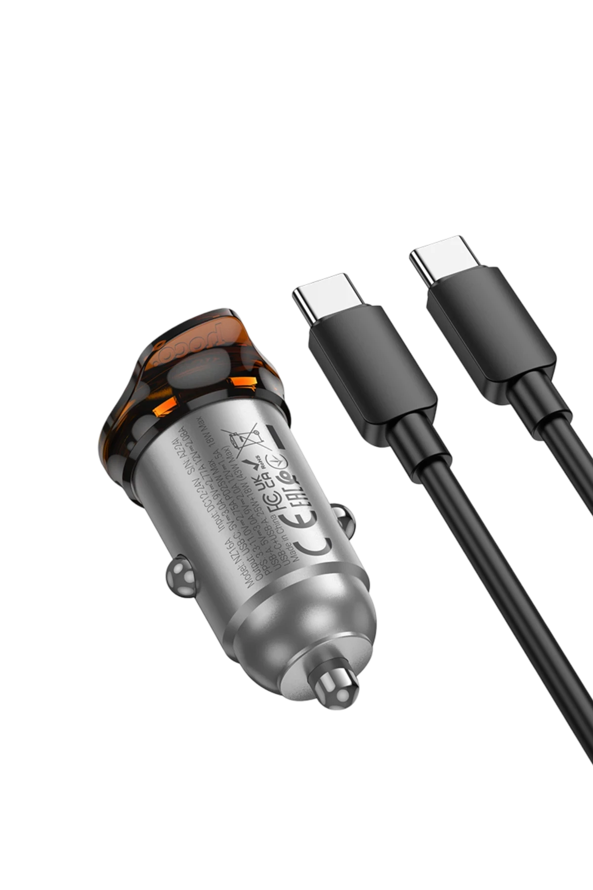 Hoco. NZ16A Rigorous 43W Type-C ve USB-A Çıkışlı Ekstra Type-C to Type-C Kablolu PD Hızlı Şarj Araç Cihazı - Gri