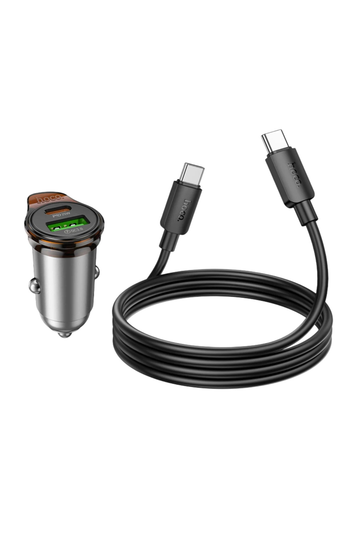 Hoco. NZ16A Rigorous 43W Type-C ve USB-A Çıkışlı Ekstra Type-C to Type-C Kablolu PD Hızlı Şarj Araç Cihazı - Gri