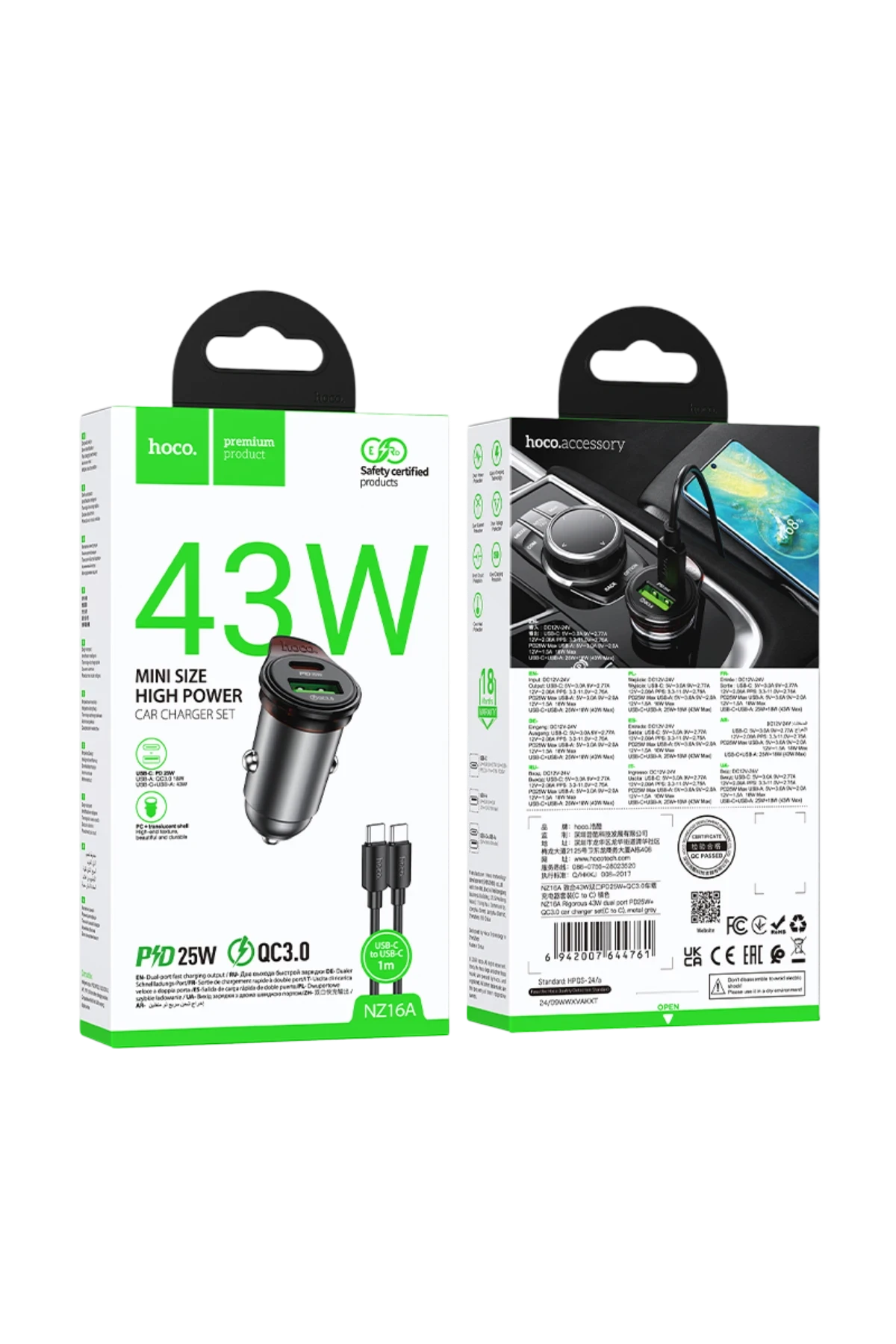 Hoco. NZ16A Rigorous 43W Type-C ve USB-A Çıkışlı Ekstra Type-C to Type-C Kablolu PD Hızlı Şarj Araç Cihazı - Gri