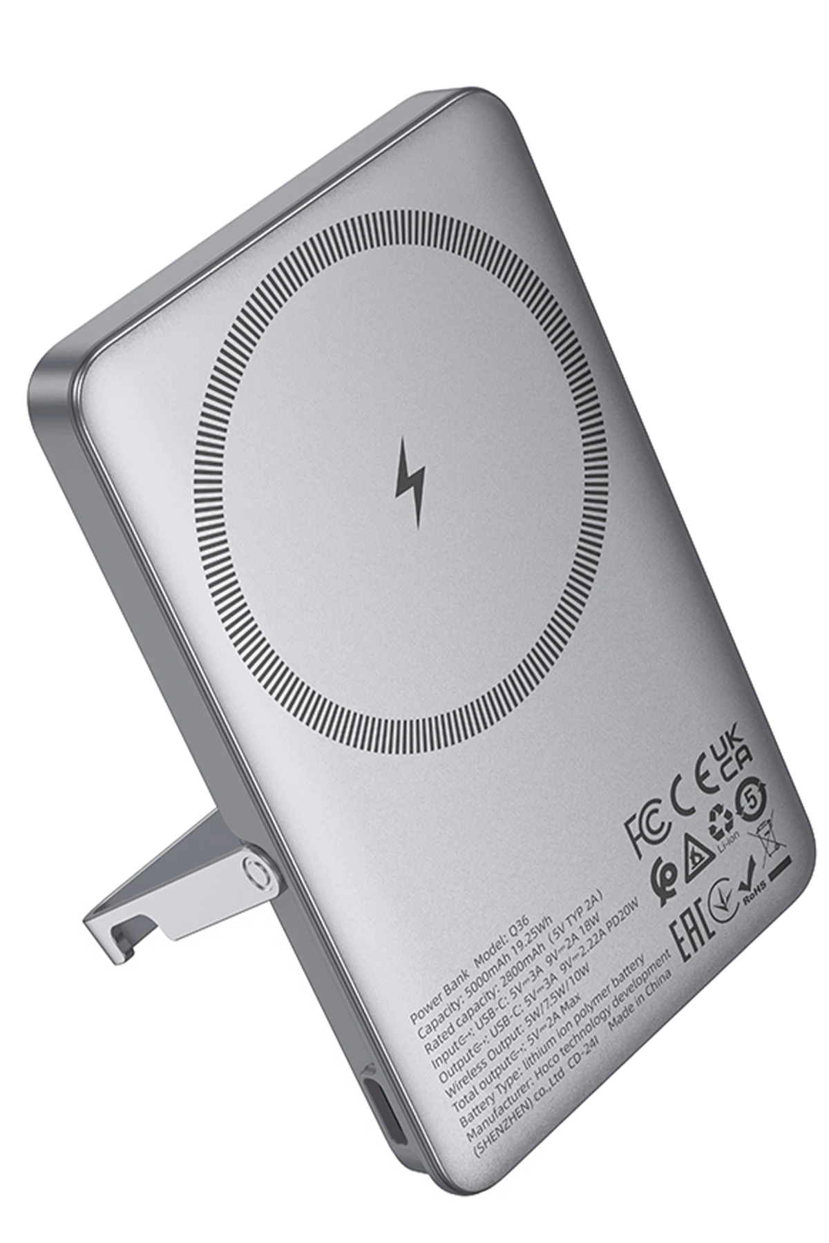 Hoco. Q36 Sunlight 5.000 mAh 20W Type-C ve 10W Kablosuz Şarj PD Magsafe Standlı Powerbank - Titan Gri