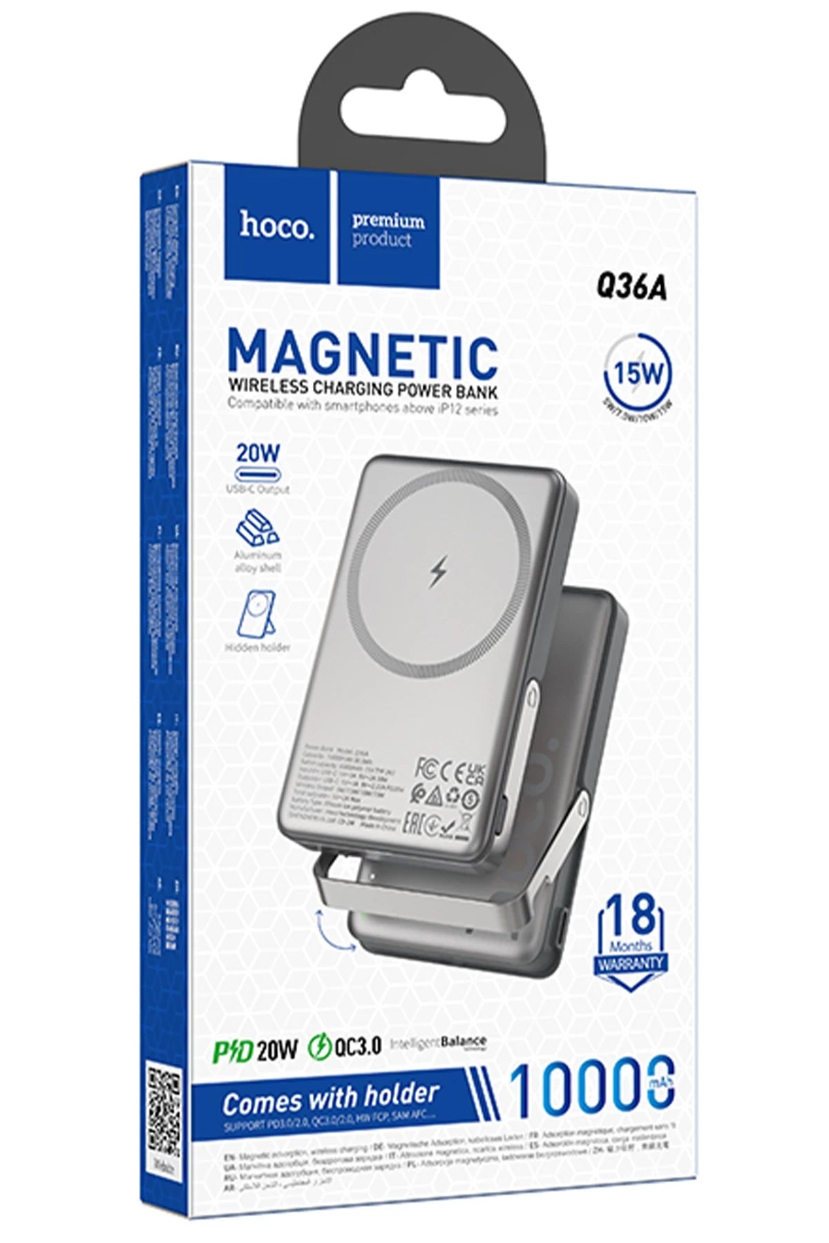 Hoco. Q36A Sunlight 10.000 mAh 20W Type-C ve 10W Kablosuz Şarj PD Magsafe Standlı Powerbank - Titan Gri