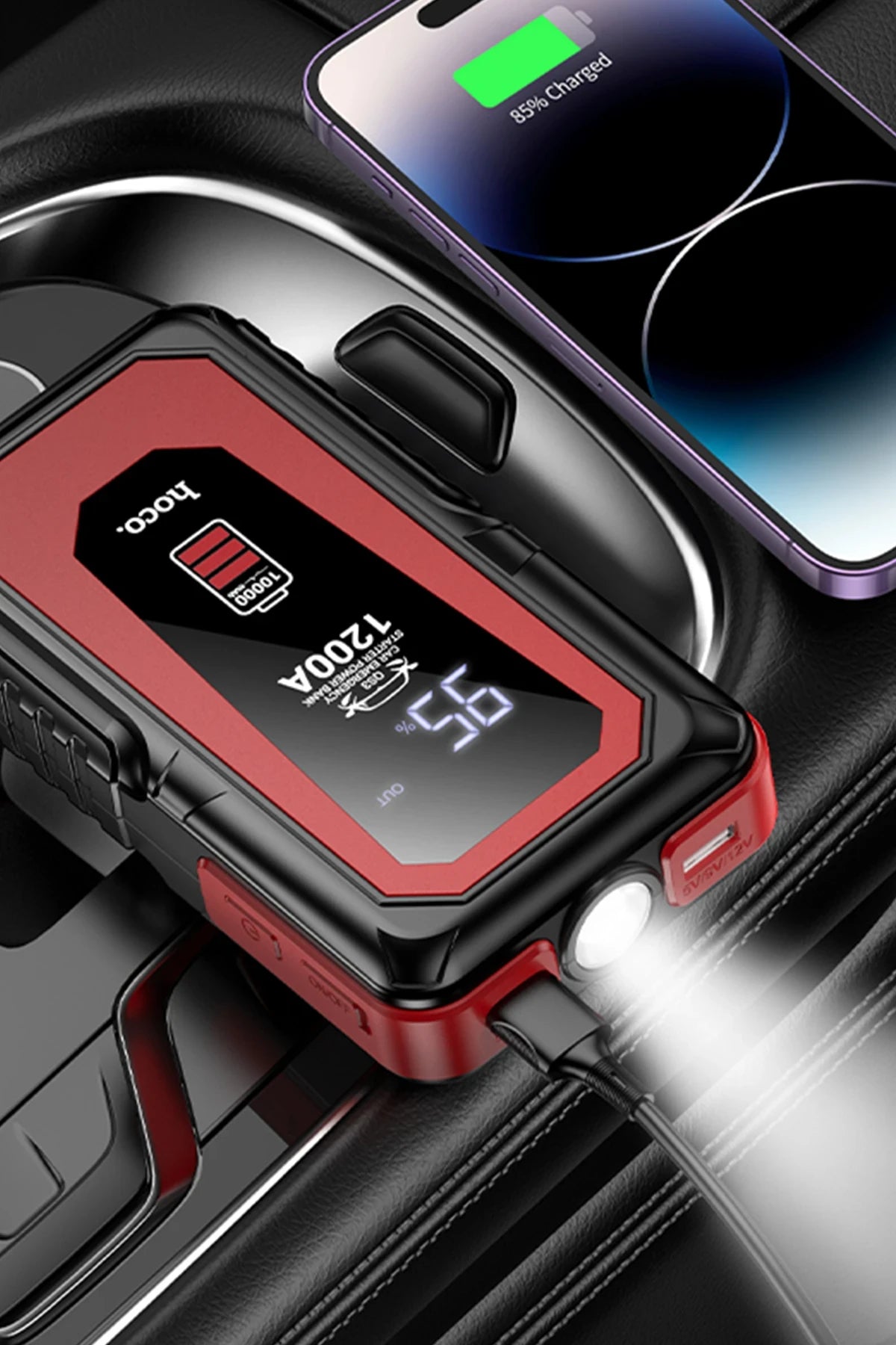 Hoco. QS3 Victory Dijital Göstergeli 10.000 mAh Bataryalı LED Acil Durum Fenerli Araç Akü Takviye Özellikli Powerbank – Siyah