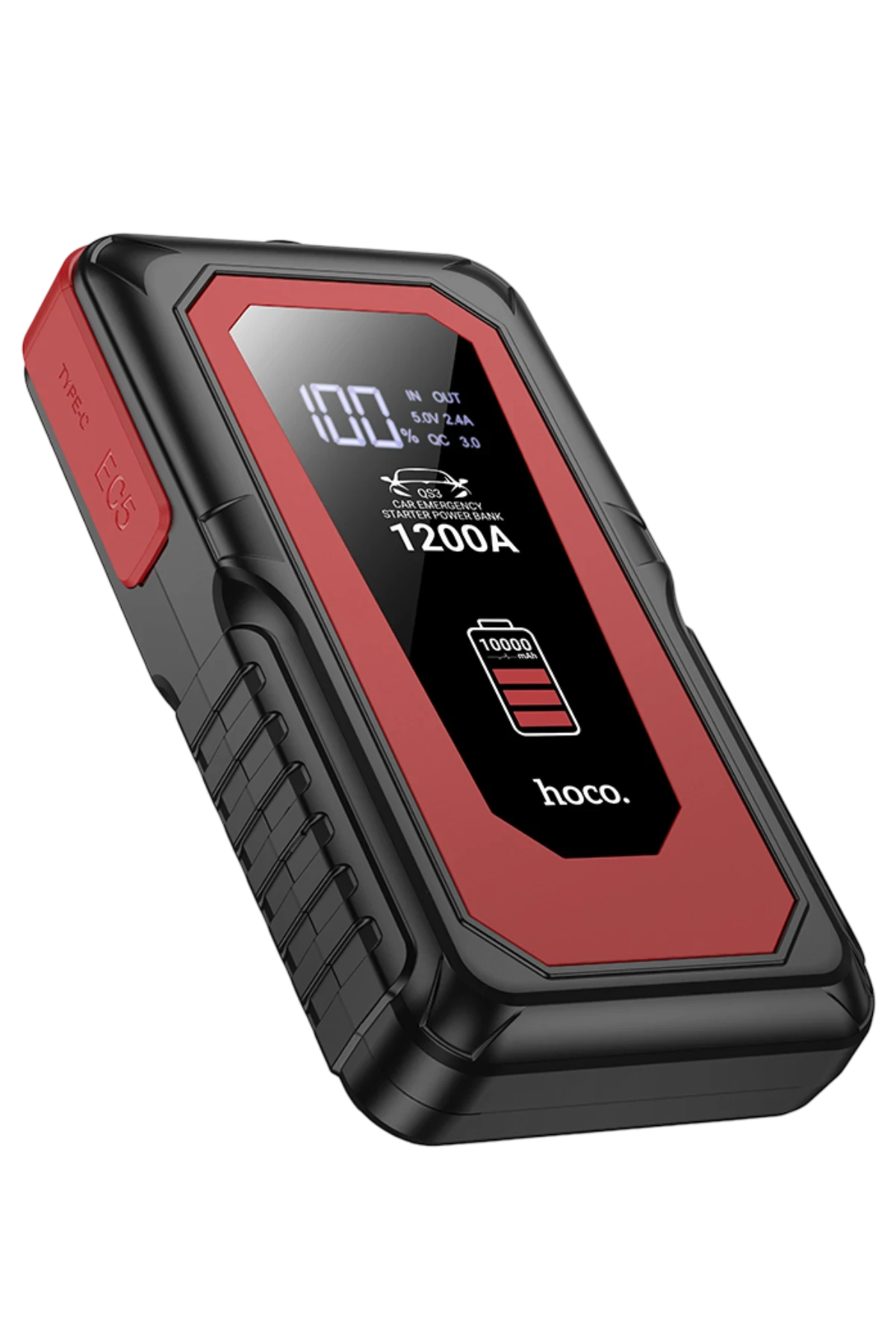 Hoco. QS3 Victory Dijital Göstergeli 10.000 mAh Bataryalı LED Acil Durum Fenerli Araç Akü Takviye Özellikli Powerbank – Siyah