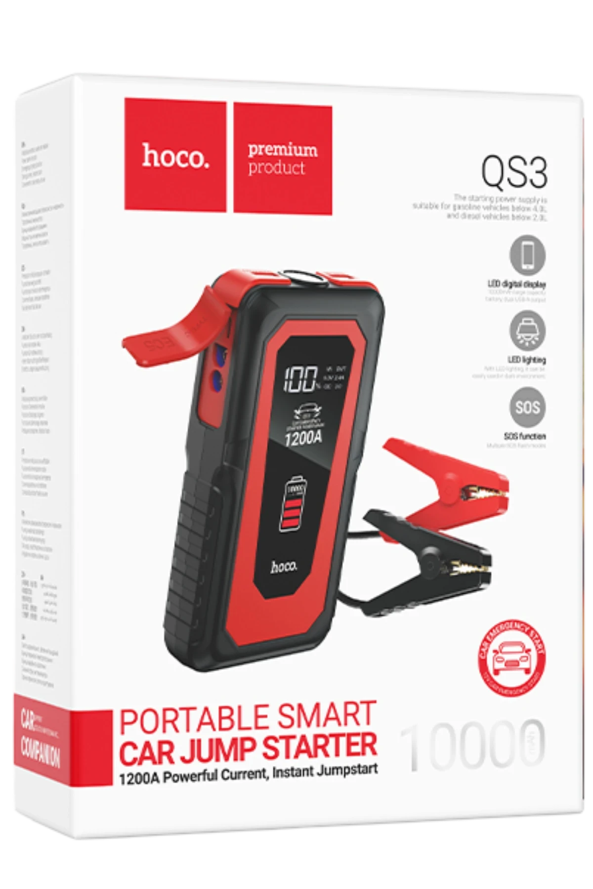 Hoco. QS3 Victory Dijital Göstergeli 10.000 mAh Bataryalı LED Acil Durum Fenerli Araç Akü Takviye Özellikli Powerbank – Siyah