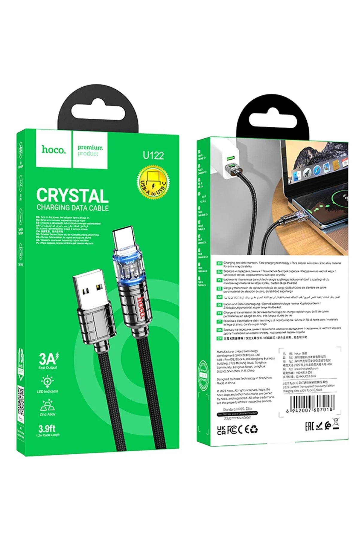 Hoco. U122 1.2M Lantern USB to Type-C Şarj Data Kablosu - Siyah