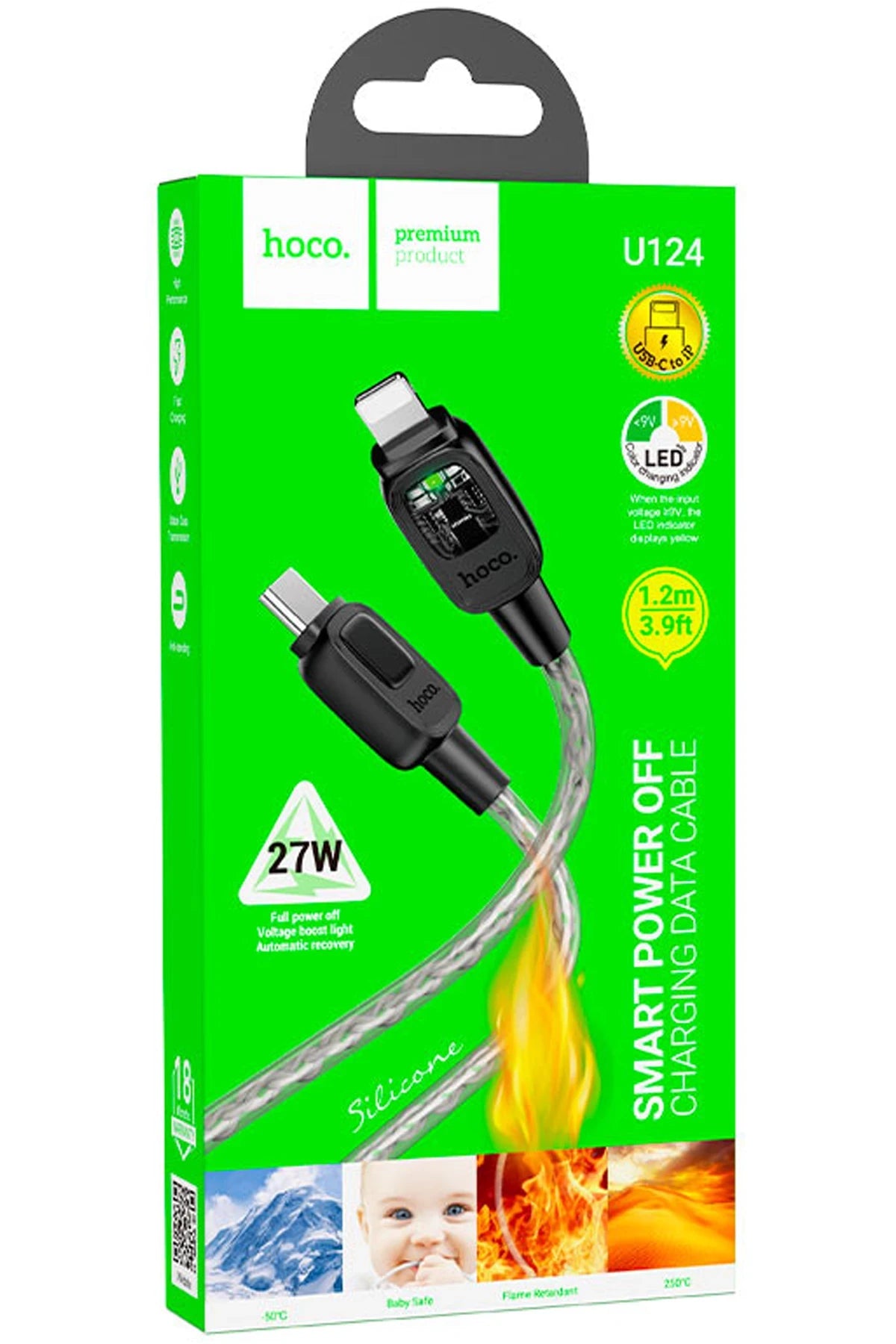 Hoco. U124 Stone 1.2M 27W Type-C to Lightning Otomatik Şarj Kesme Özellikli PD Hızlı Şarj Kablosu - Siyah