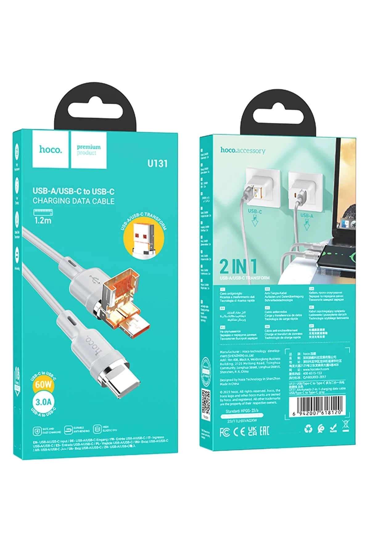 Hoco. U131 1.2M 2in1 USB ve Type-C to Type-C Şarj Data Kablosu - Gri