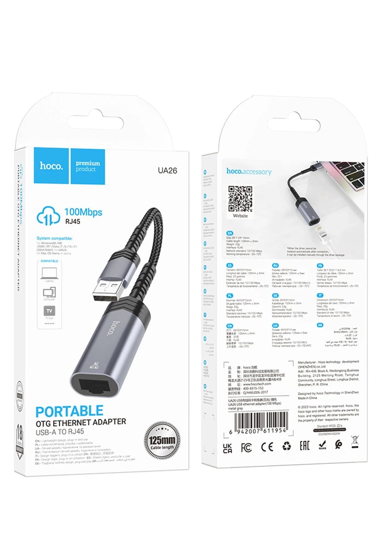 Hoco. UA26 Tak Çalıştır USB to RJ45 100 Mbps Ethernet Dönüştürücü - Gri