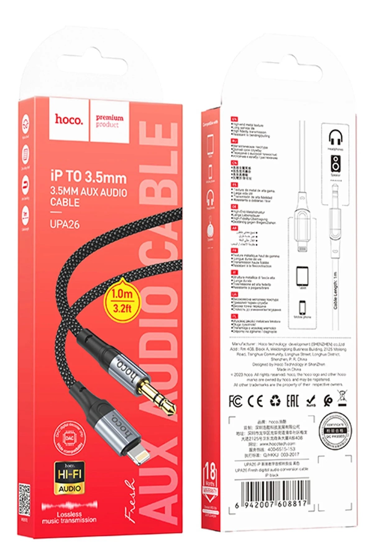 Hoco. UPA26 1M Hasırlı Lightning to Aux Kablo - Siyah