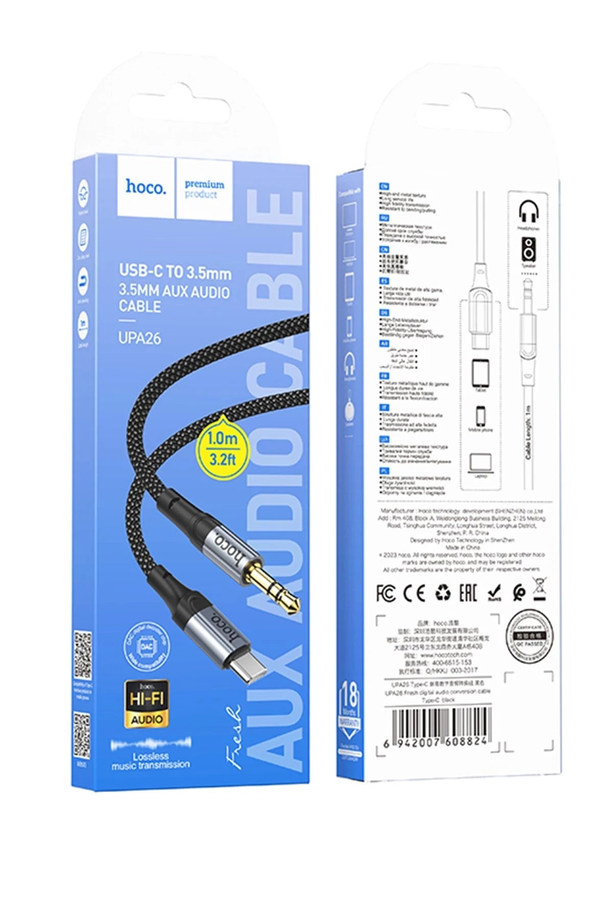 Hoco. UPA26 1M Hasırlı Type-C to Aux Kablo - Siyah