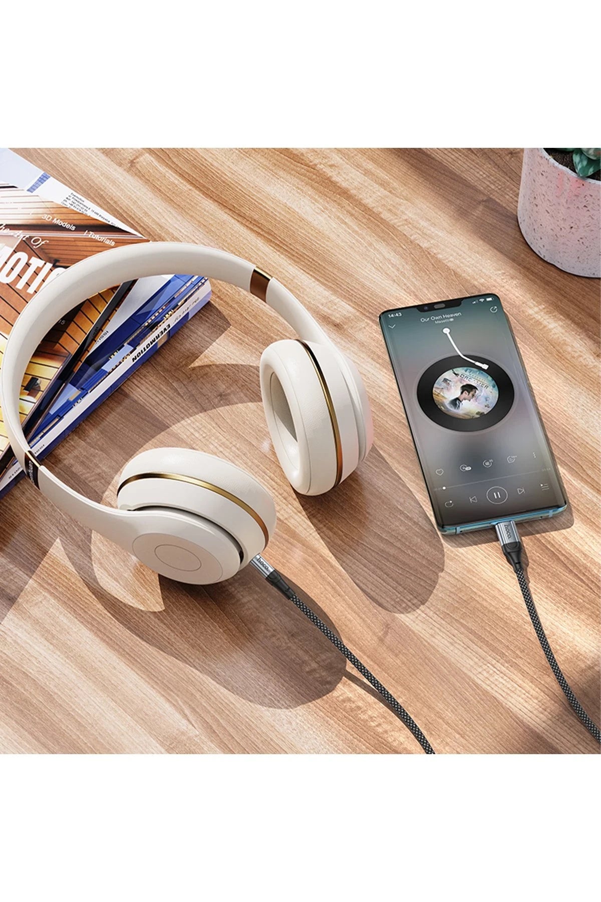 Hoco. UPA26 1M Hasırlı Type-C to Aux Kablo - Siyah