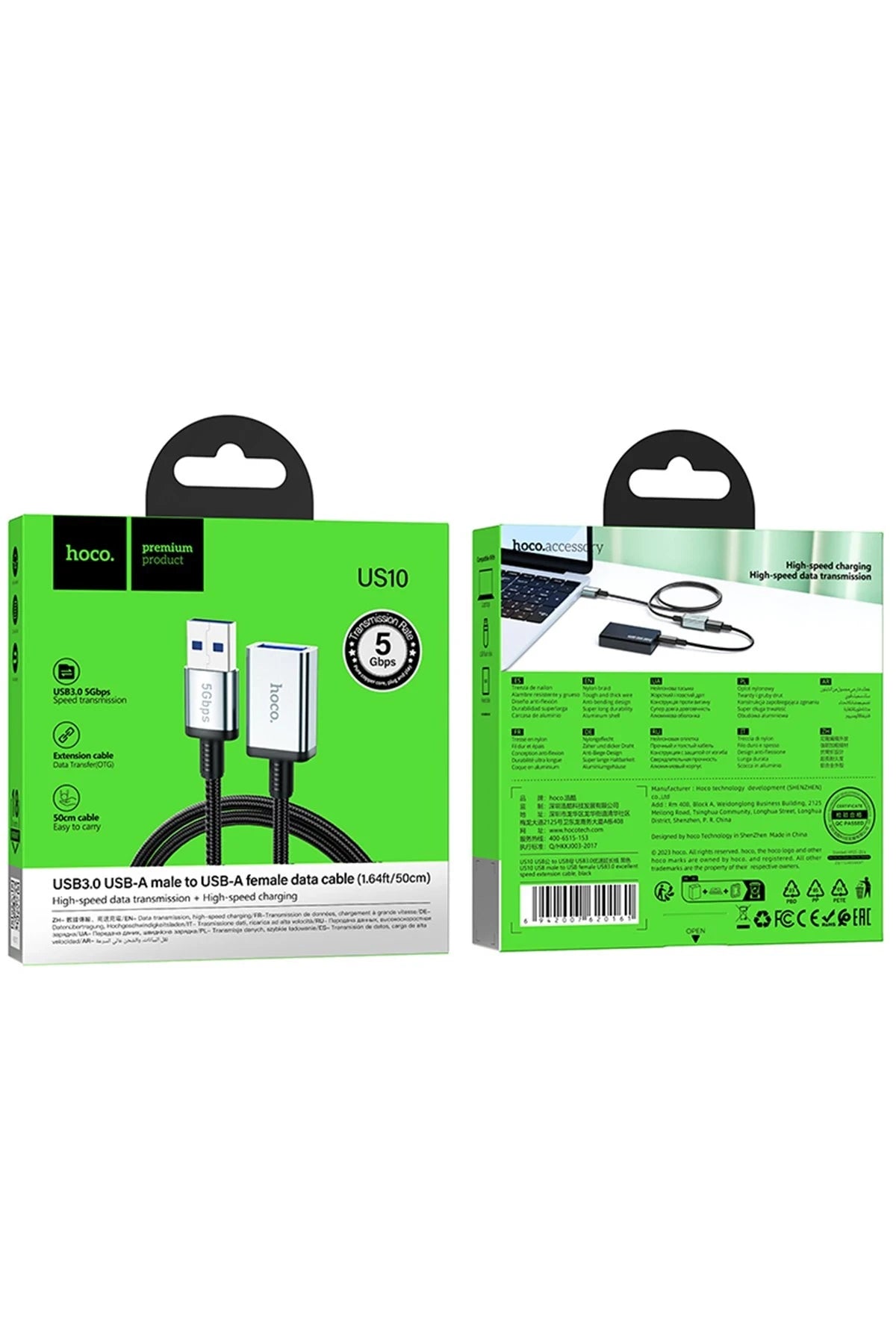 Hoco. US10 50cm 5 GBPS Hız Tak Çalıştır USB 3.0 to USB 3.0 Uzatma Kablosu - Siyah