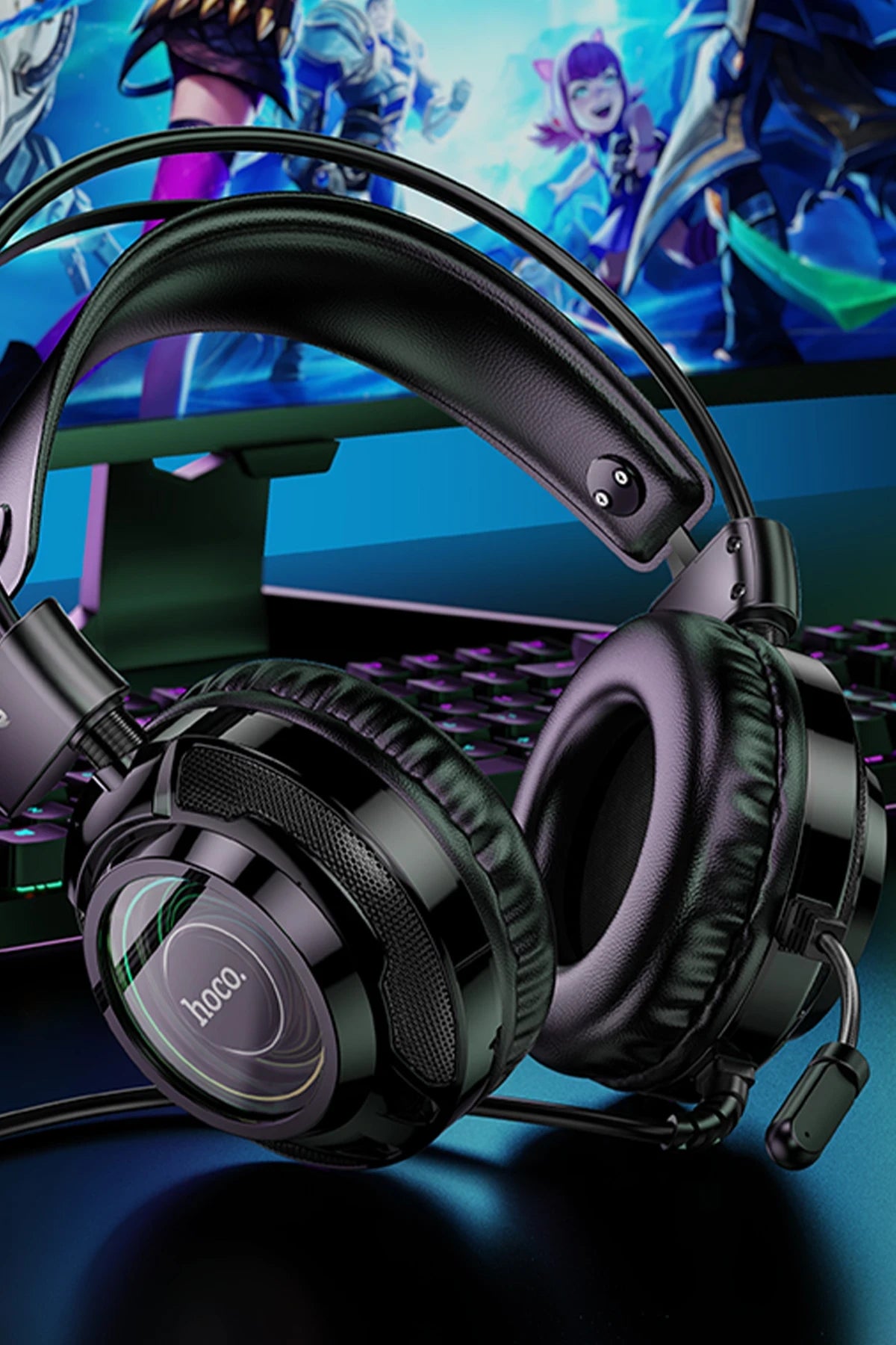 Hoco. W110 RGB Aydınlatmalı 2M Kablolu Kafaüstü Gaming Kulaklık - Beyaz