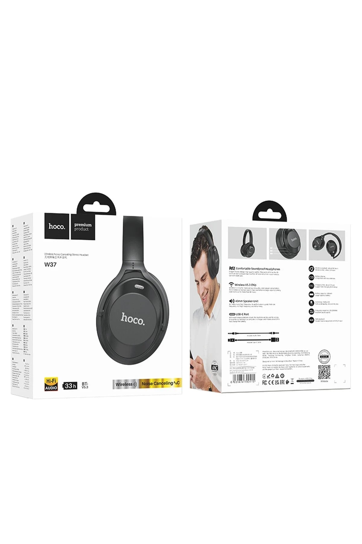 Hoco. W37 Aux Destekli Gürültü Engelleyicili Bluetooth Kablosuz Kulaklık - Siyah