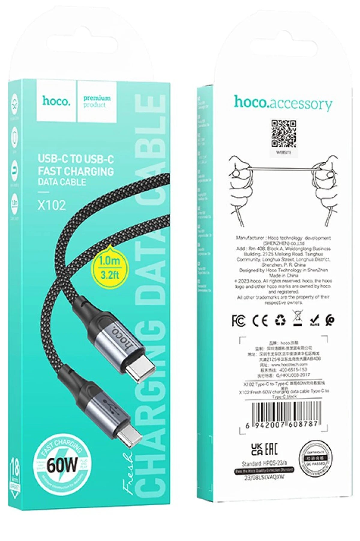 Hoco. X102 Fresh 1M 60W Type-C to Type-C PD Hızlı Şarj Data Kablosu - Siyah
