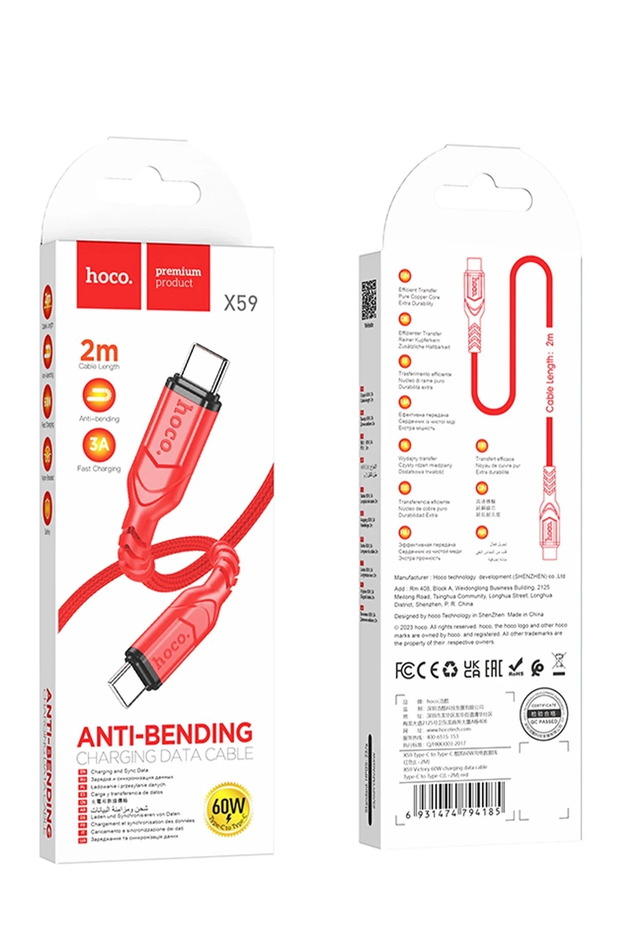 Hoco. X59 1M 60W PD Type-C to Type-C Şarj Data Kablosu - Kırmızı